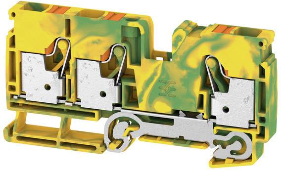 Borne électrique avec un revêtement en plastique coloré jaune-vert et des contacts métalliques.