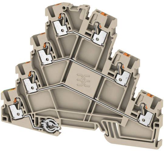 Un connecteur triangulaire à plusieurs bornes et connexions métalliques dans un boîtier brun clair, utilisé pour le câblage électrique.