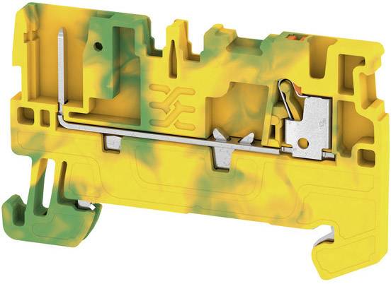 Borne électrique avec un boîtier jaune et vert, montrant un conducteur en cuivre et des pièces métalliques ; utilisée pour la connexion fixe de lignes électriques.