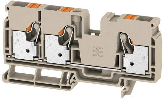 Bloc de bornes électrique à mécanisme à levier en plastique et métal, offrant deux connexions. Adapté pour une fixation sur rail DIN.