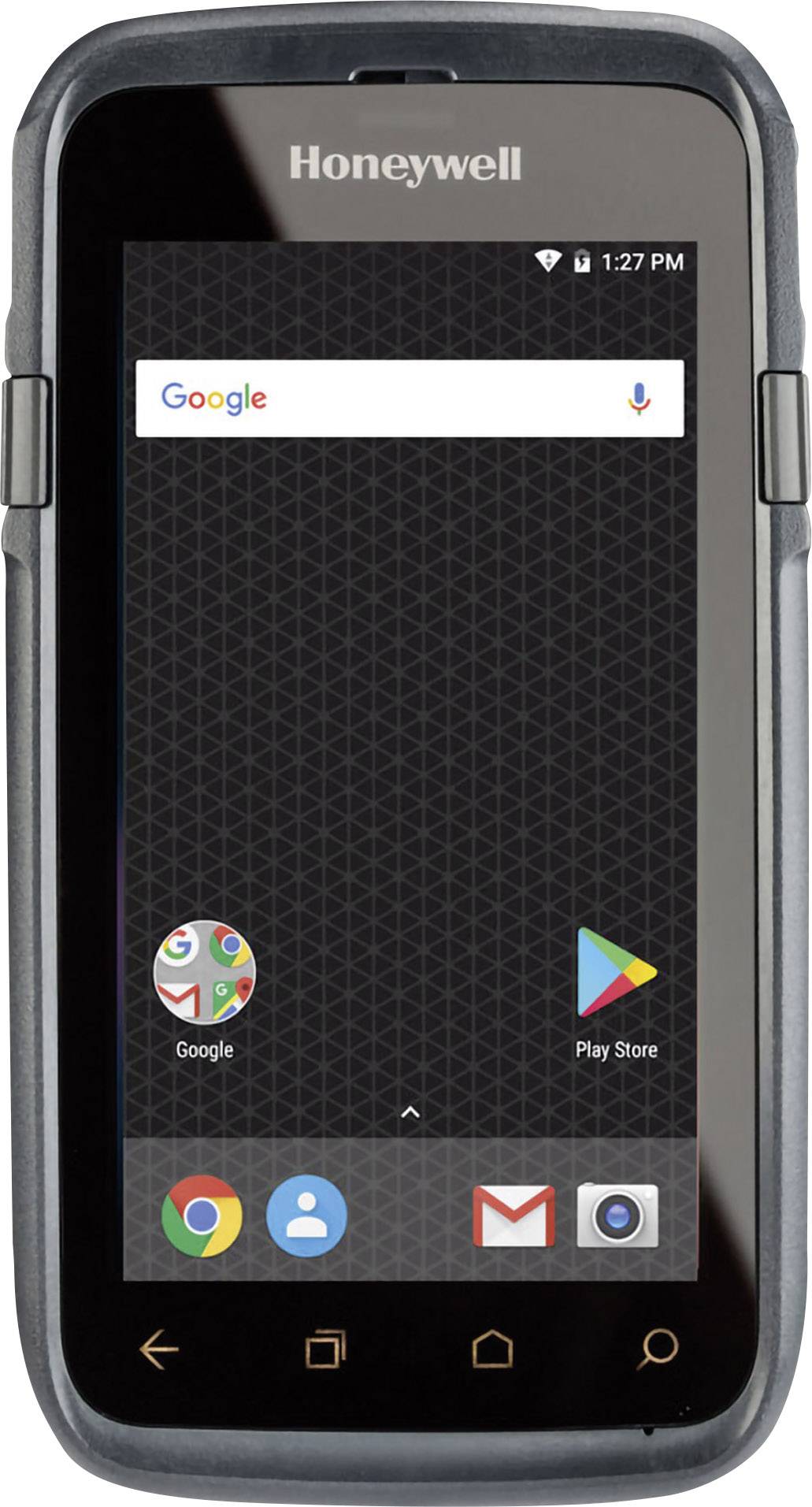 Un smartphone arborant le logo de Honeywell affiche un écran d'accueil avec une barre de recherche Google et plusieurs icônes d'applications, dont Google, Play Store et Gmail.