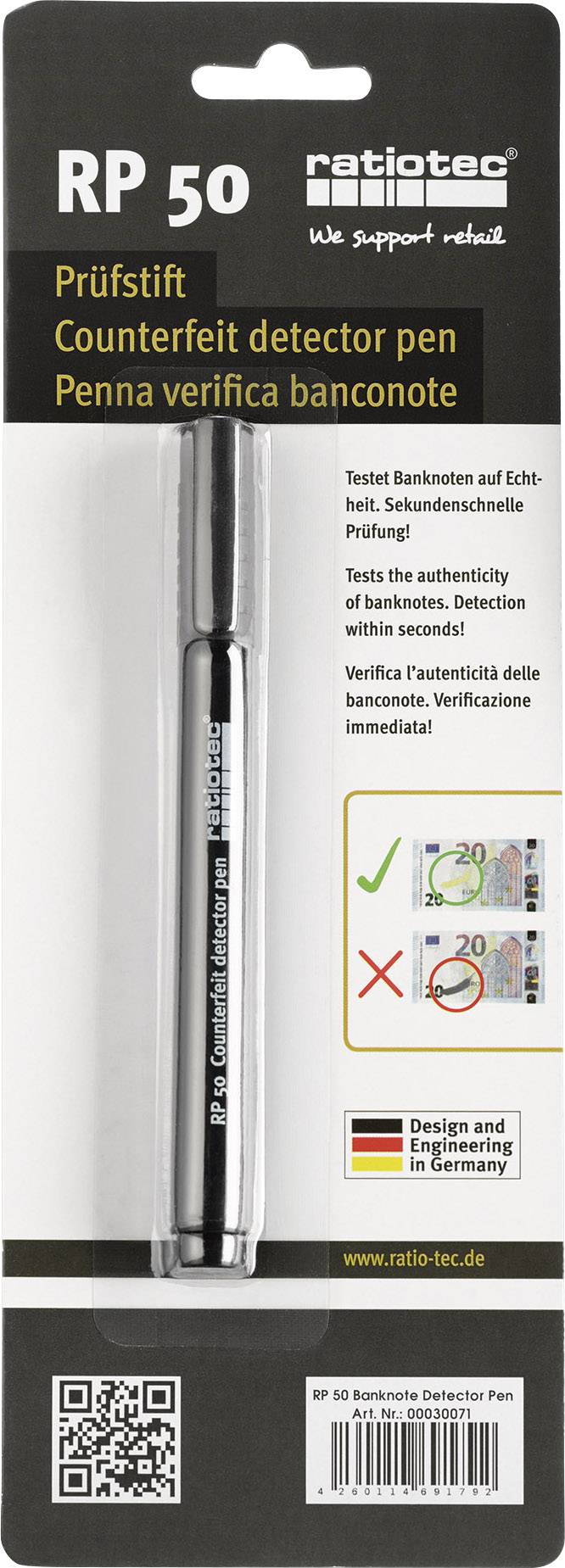 Emballage 'RP 50 Détecteur de billets'. Contient un stylo de vérification permettant de contrôler l'authenticité des billets en quelques secondes.