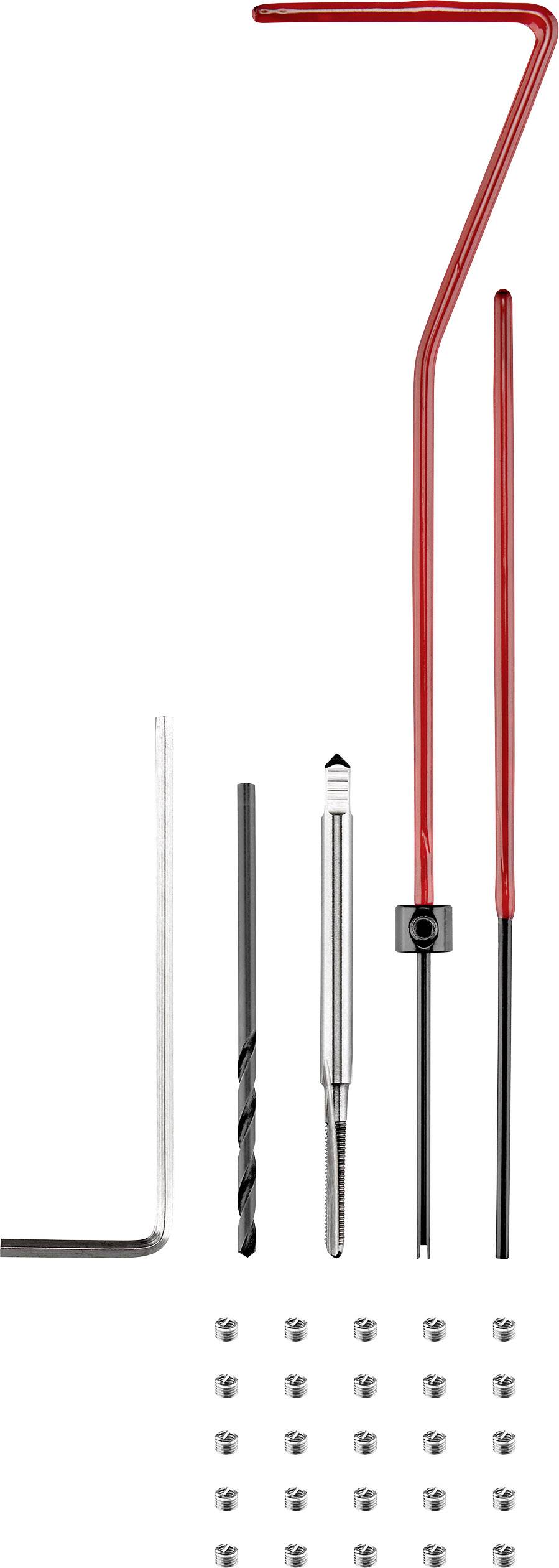 Ensemble d'outils comprenant deux clés hexagonales coudées, un foret, un outil de mise en place, des écrous moletés et de nombreux embouts de tournevis.