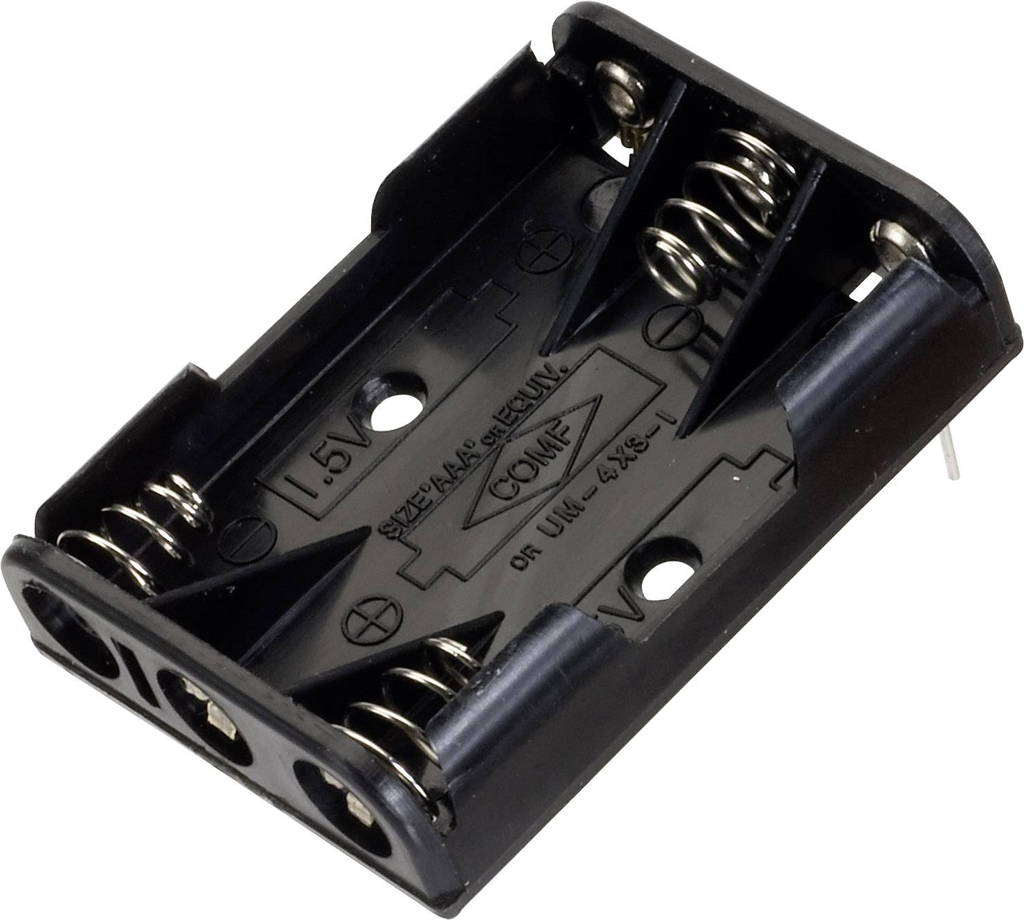 Un boîtier de batterie noir en plastique pour deux piles AA. Il est équipé de contacts métalliques et d'un mécanisme à ressort pour un maintien sûr.