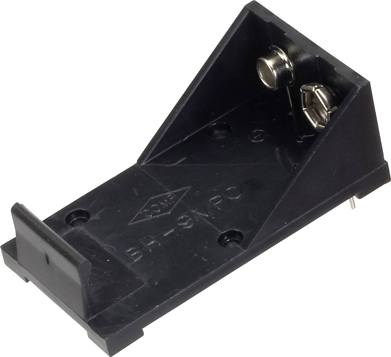 Support de batterie en plastique noir pour batterie 9V, de forme inclinée, avec contacts métalliques et deux trous de fixation.