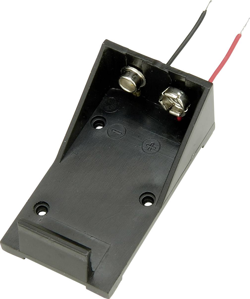 L'image montre un support noir pour une batterie 9V unique, équipé de fils de connexion noir et rouge.