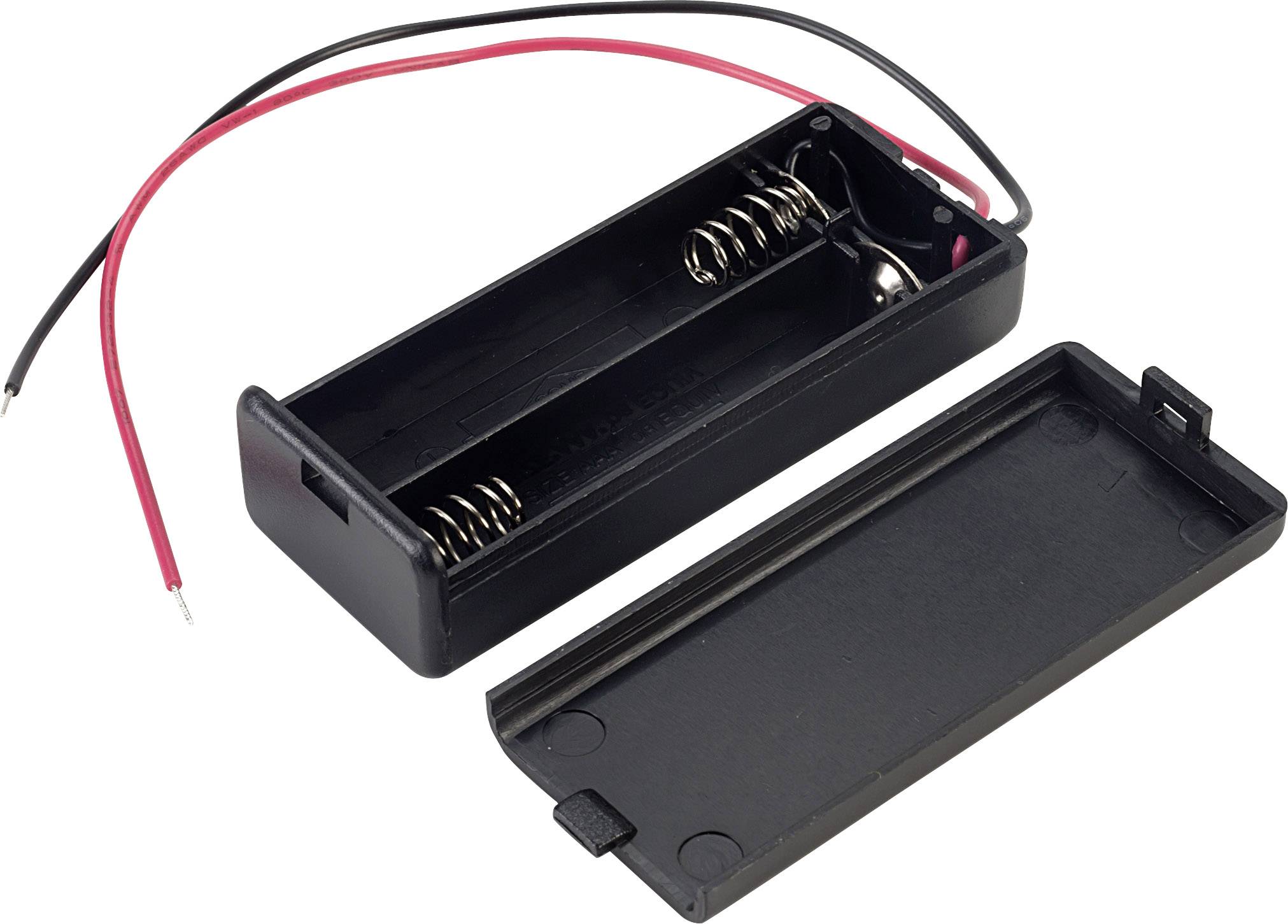 Support de batterie en plastique avec deux ressorts à spirale et un couvercle amovible, deux câbles de couleur rouge et noire pour la connexion électrique.