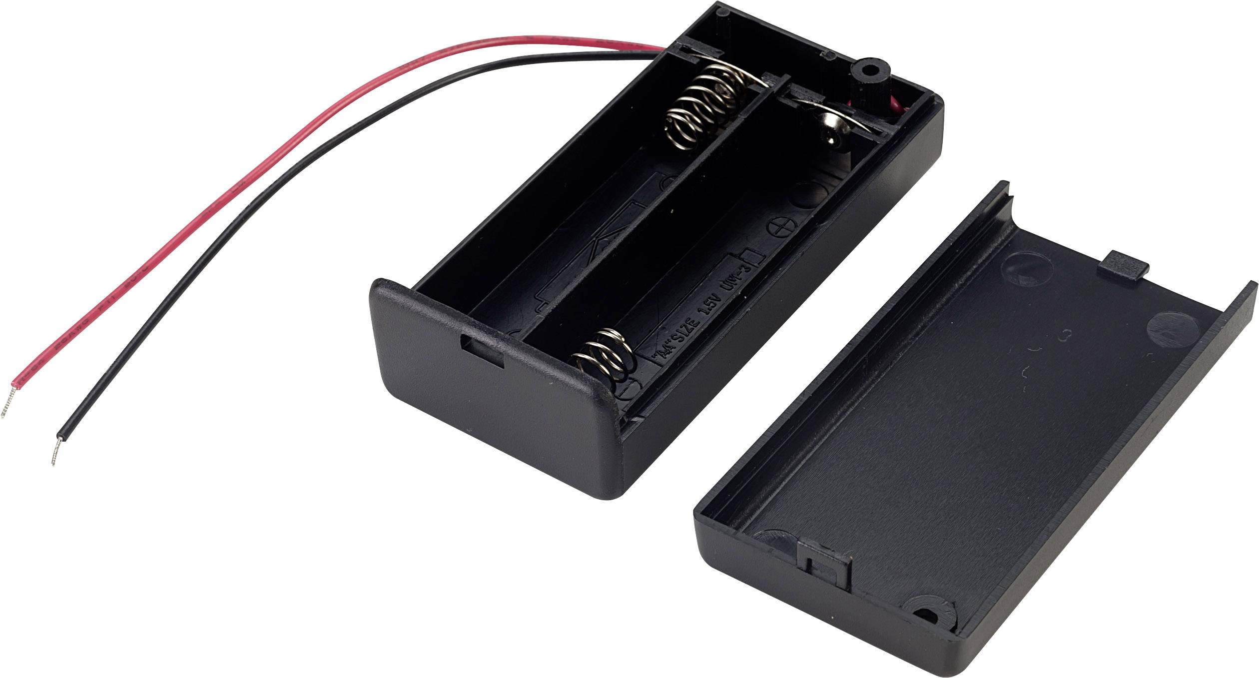 Support de pile en plastique noir pour deux piles AA, avec couvercle ouvert et câbles de sortie rouge et noir.