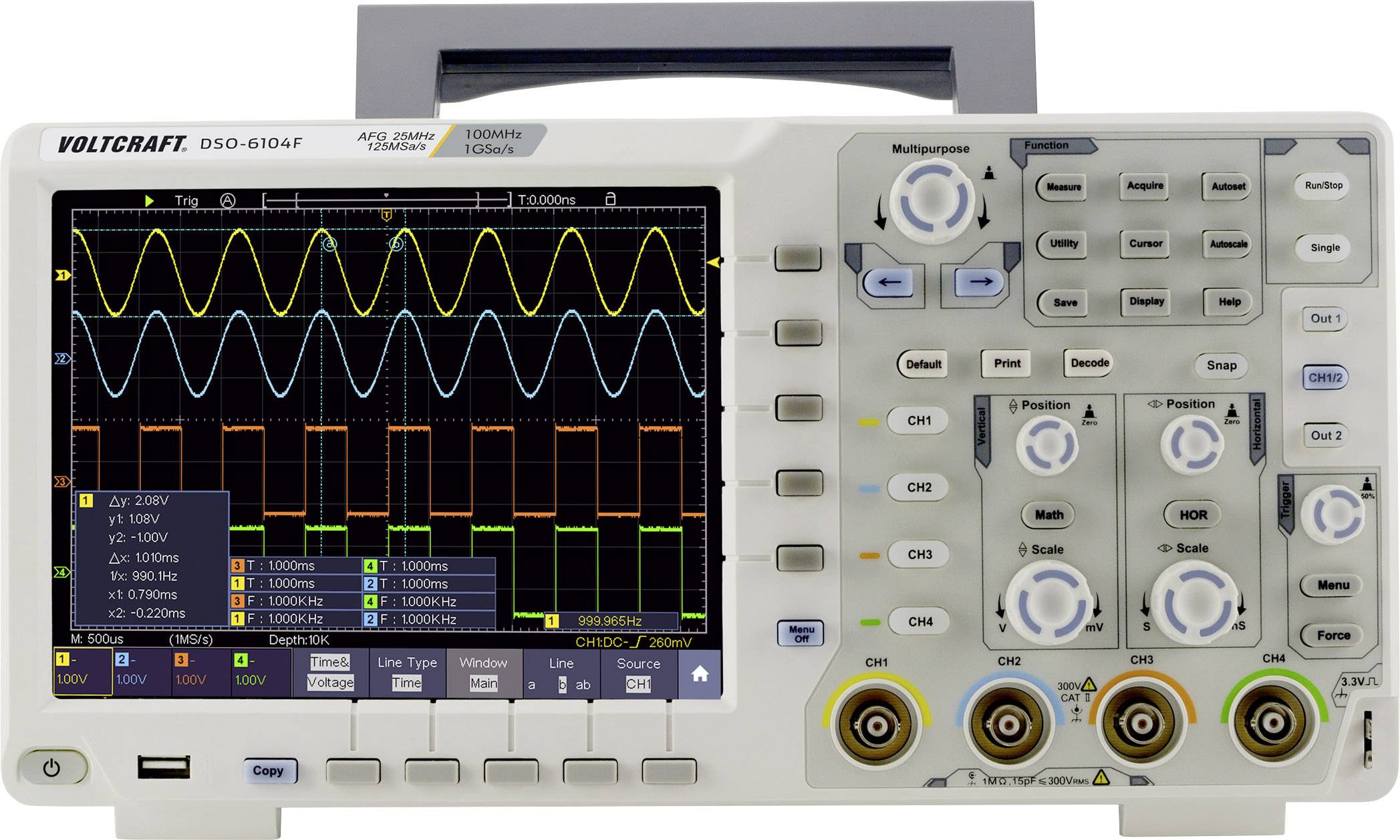 Oscilloscope numérique VOLTCRAFT DSO-6104F 100 MHz 4 canaux 1 Géch/s 40000 kpts 8 bits mémoire numérique (DSO), générateur de