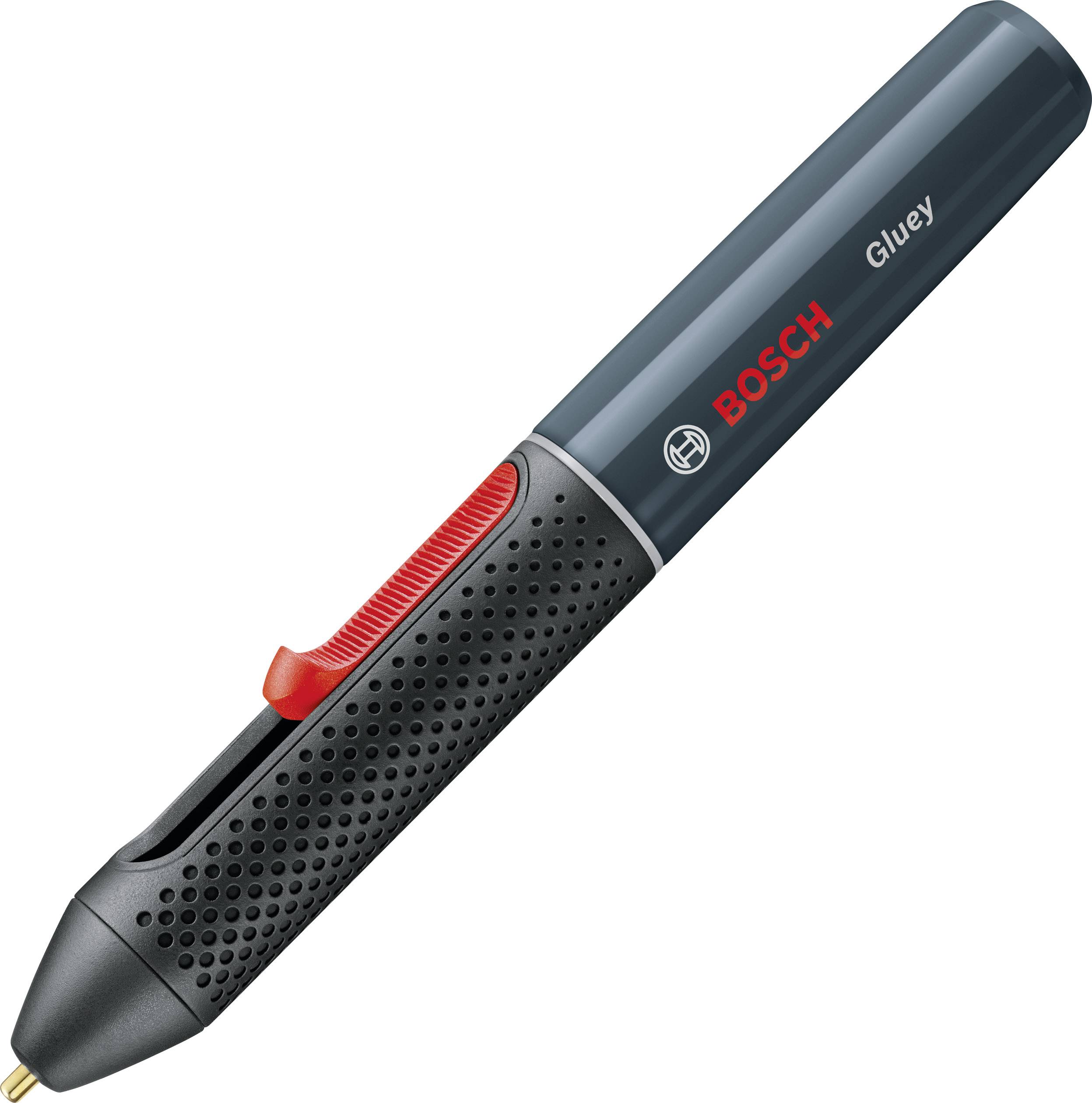 Un stick de colle Bosch Gluey noir avec un interrupteur rouge, illustré sur un fond blanc.