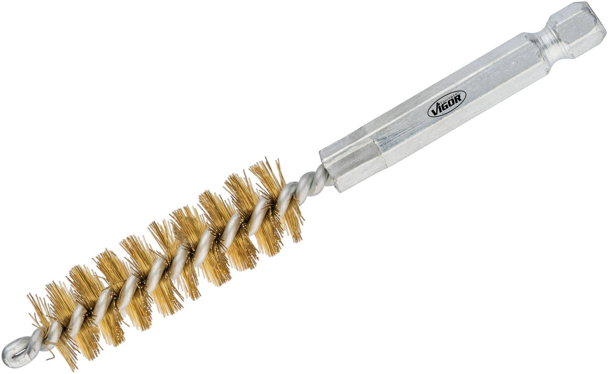 Brosse métallique à poils disposés en spirale et avec une tige hexagonale pour fixation dans des outils, adaptée aux travaux de nettoyage.