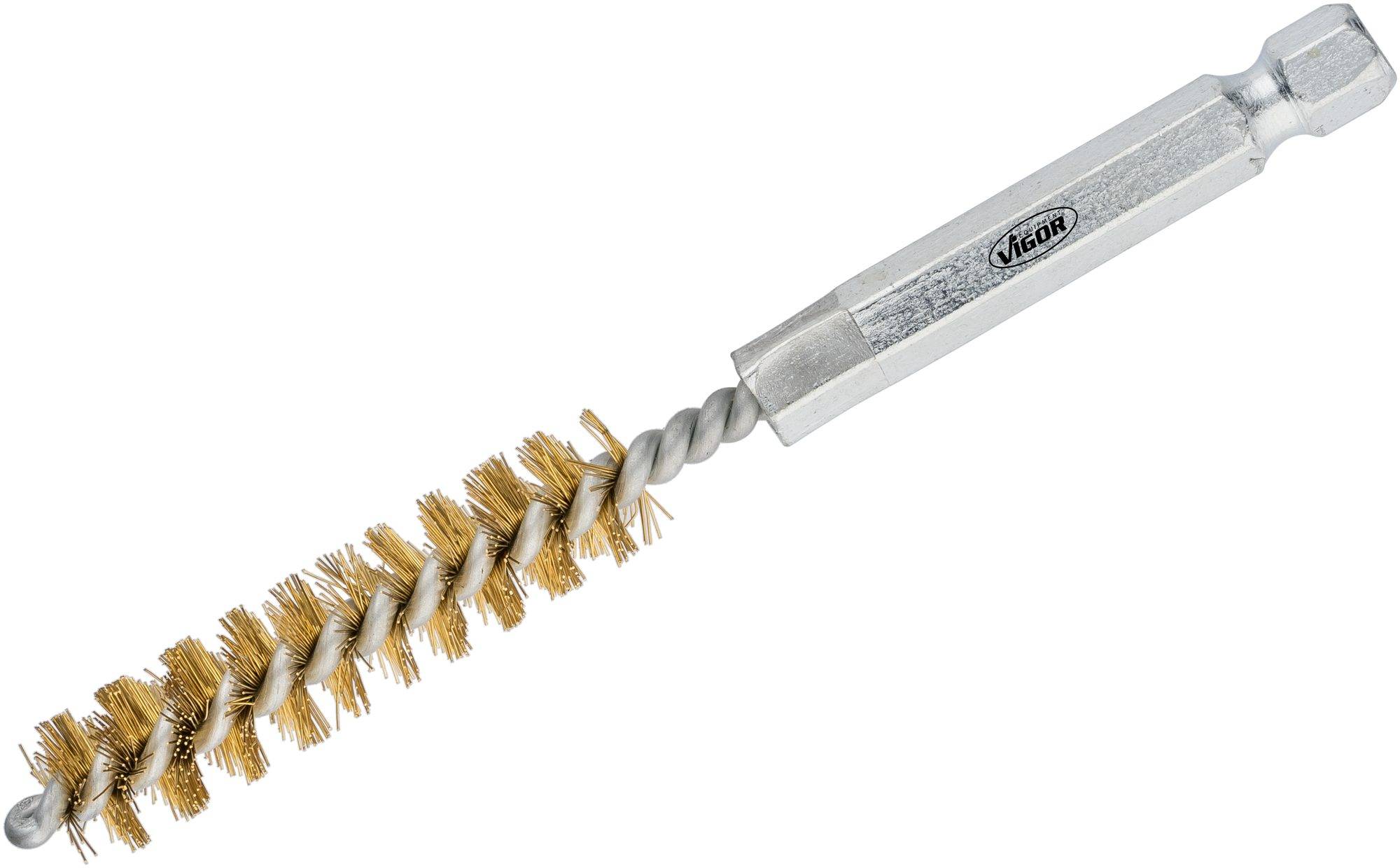 Brosse pour perceuse avec soies en laiton et tige hexagonale pour le nettoyage de pièces métalliques.