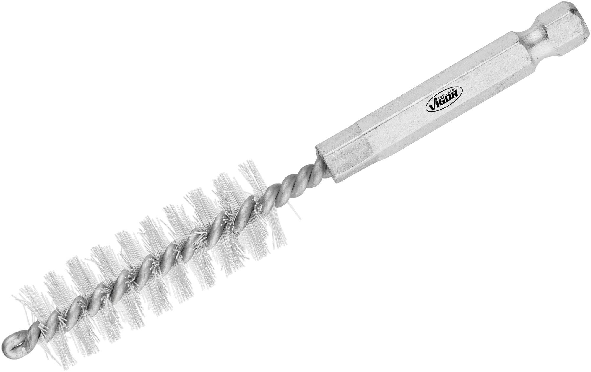 Brosse métallique avec des poils disposés en spirale et une poignée hexagonale. Adaptée pour le nettoyage et l'ébavurage des tubes.