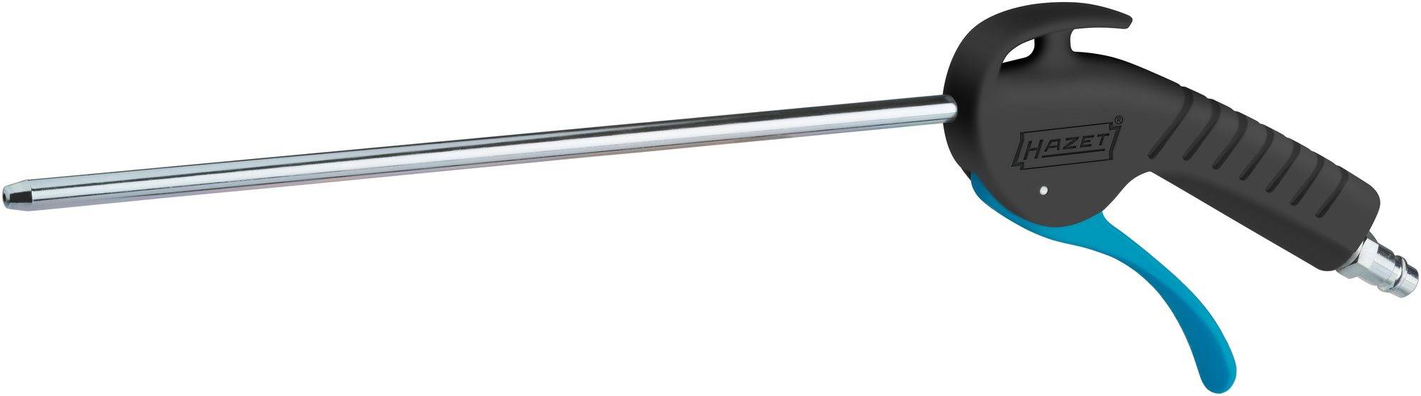 Un pistolet à air comprimé noir et bleu avec un long canon métallique et une poignée ergonomique, typiquement utilisé pour le nettoyage ou le séchage.