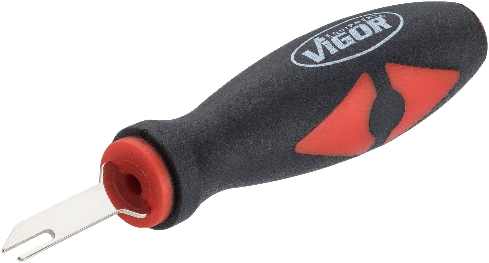 Tournevis noir et rouge avec poignée ergonomique et tête en métal robuste, marqué 'Vigor', adapté aux travaux de précision.