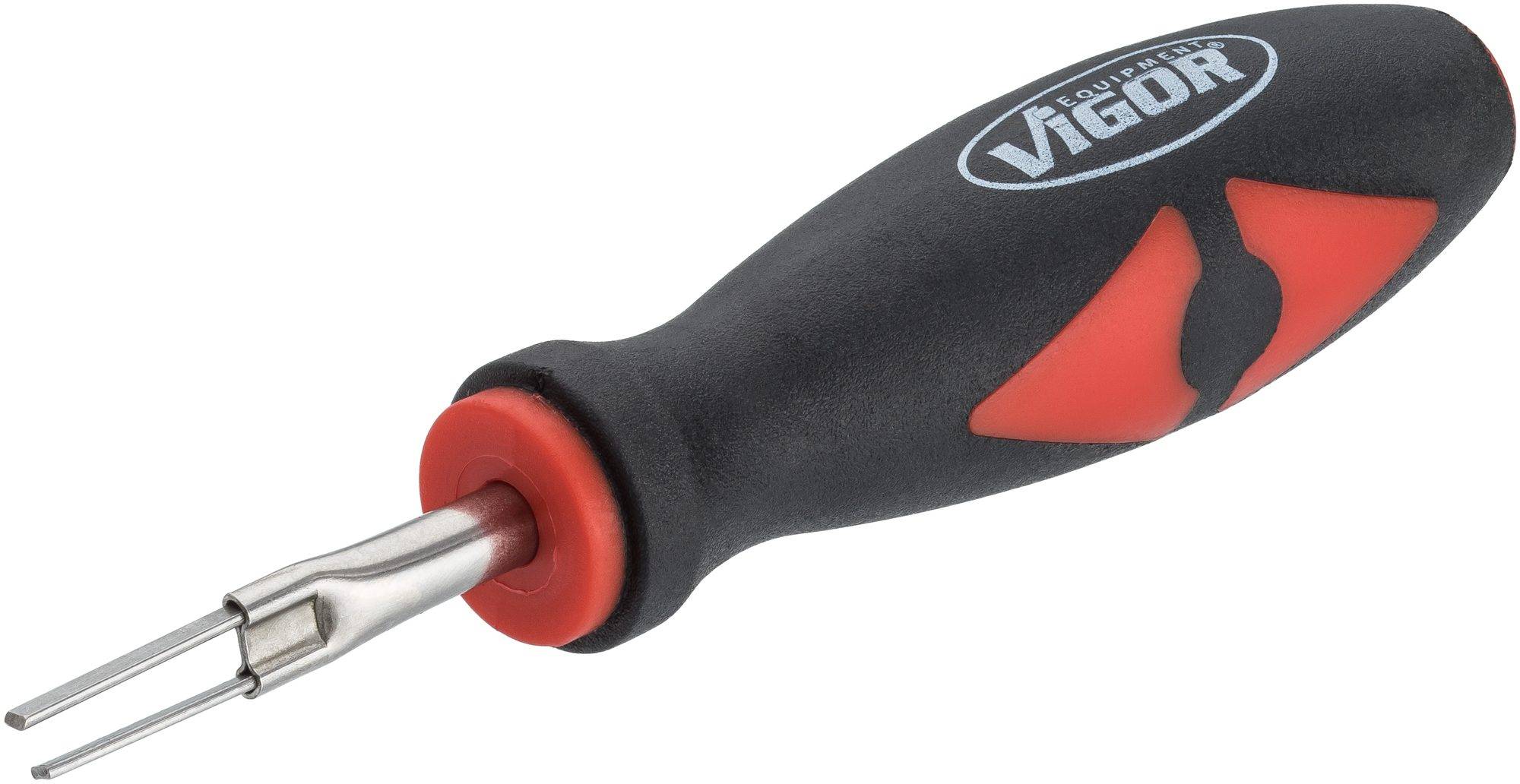 Une poignée de précision VIGOR noire et rouge avec deux longues dents métalliques, adaptée aux travaux précis sur les véhicules.
