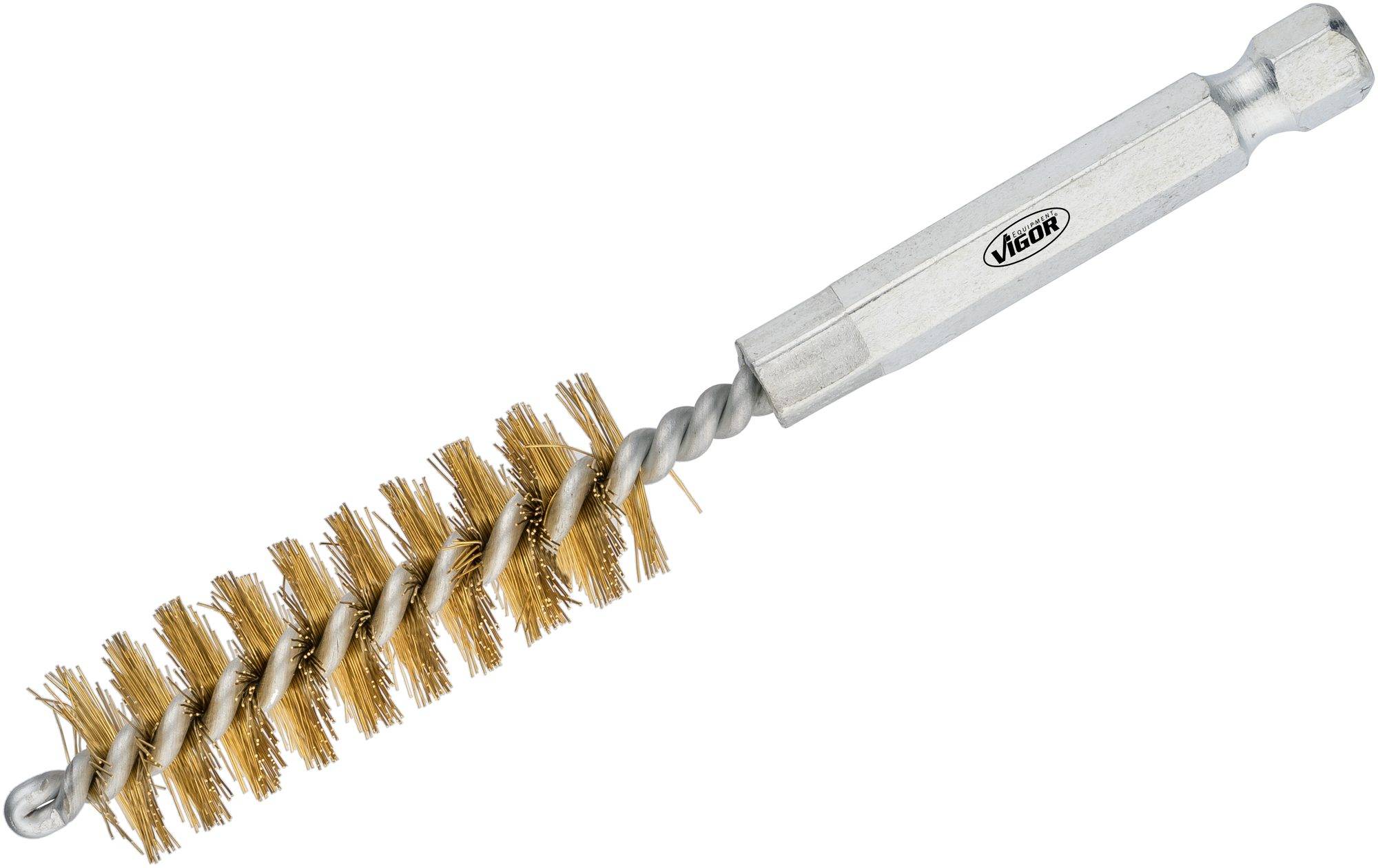 Embout métallique à brosse avec disposition spirale des poils, adapté au nettoyage de tuyaux ou d'ouvertures.