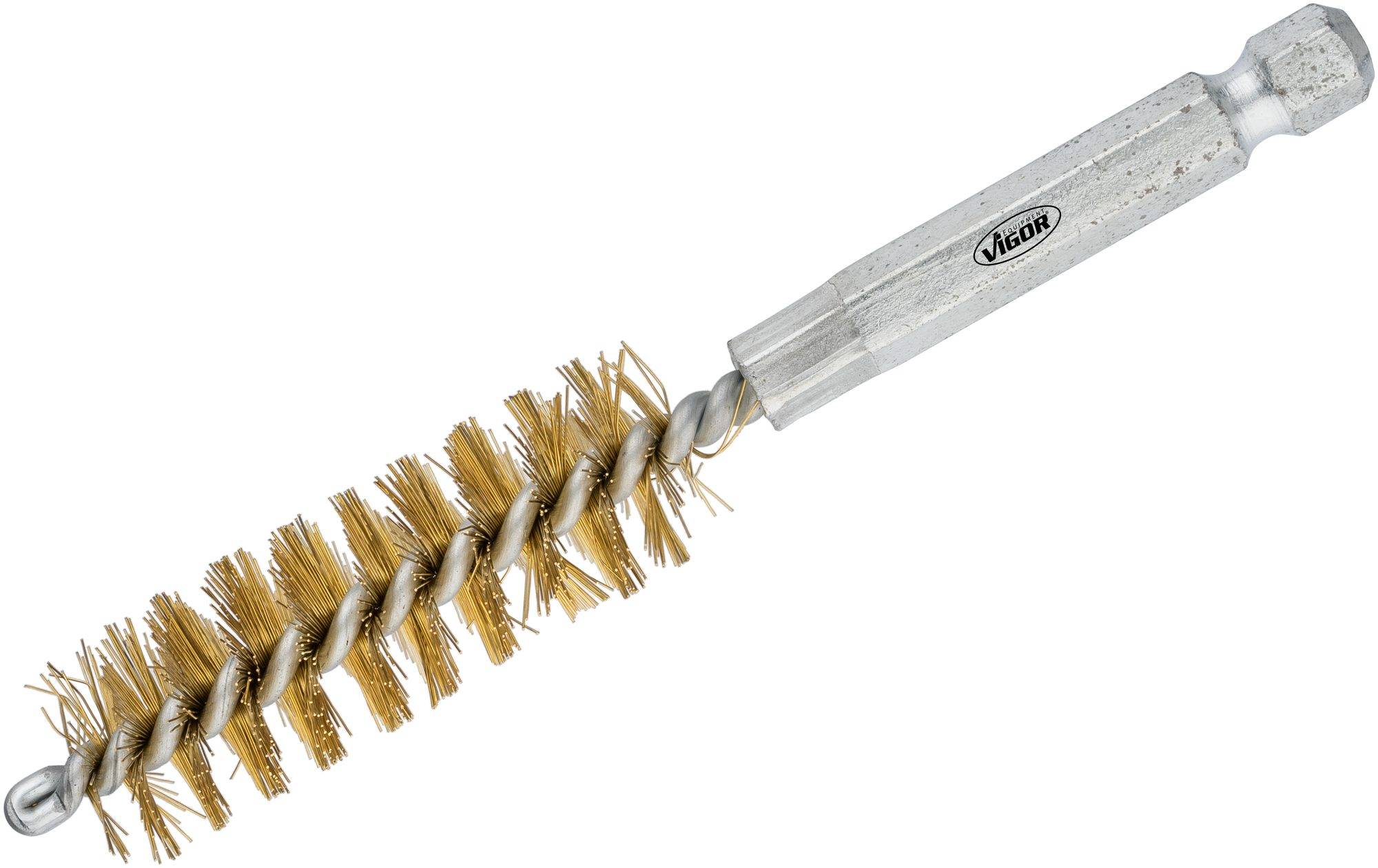 Brosse métallique avec manche argenté et poils dorés, adaptée au nettoyage de surfaces, aux travaux de précision ou au décapage de rouille.