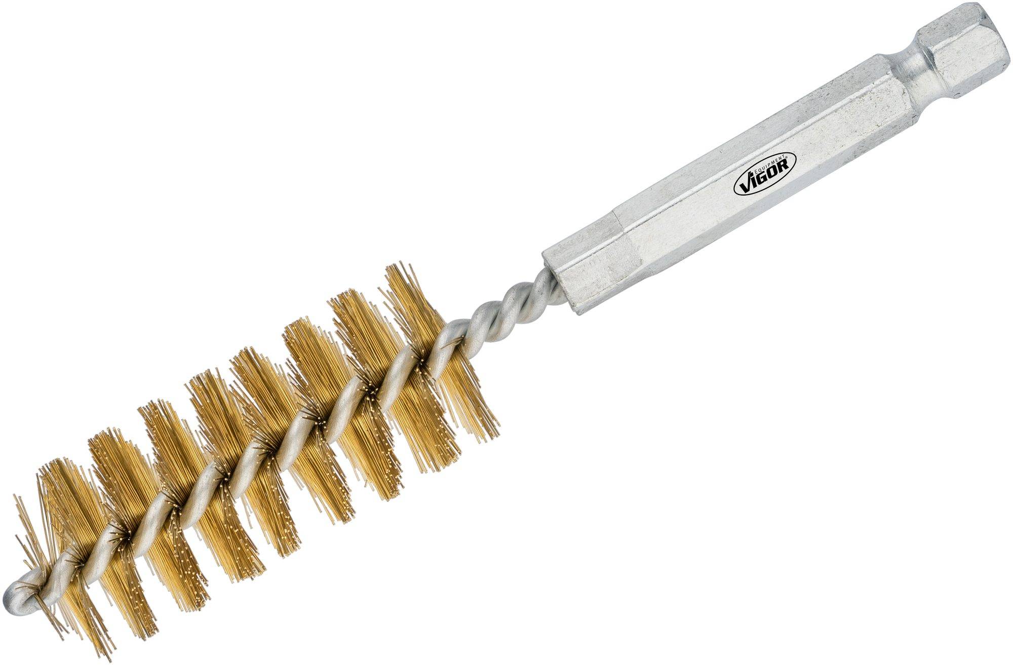 Brosse métallique à poils de laiton et manche argenté, adaptée au polissage et au nettoyage de surfaces.