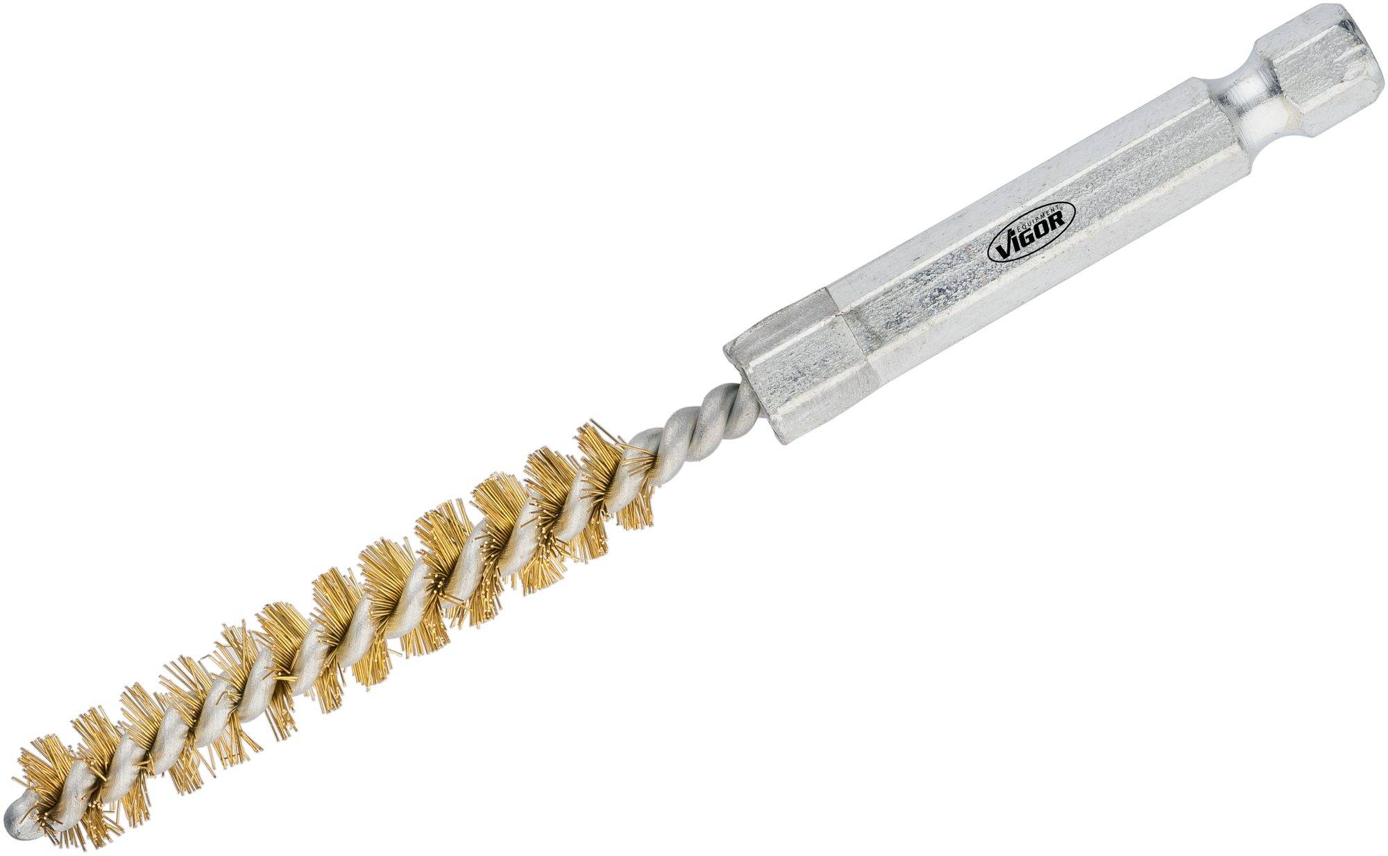 Embout de brosse en laiton avec des poils en spirale et une tige hexagonale, utilisé pour le nettoyage des tuyaux et d'autres surfaces métalliques.