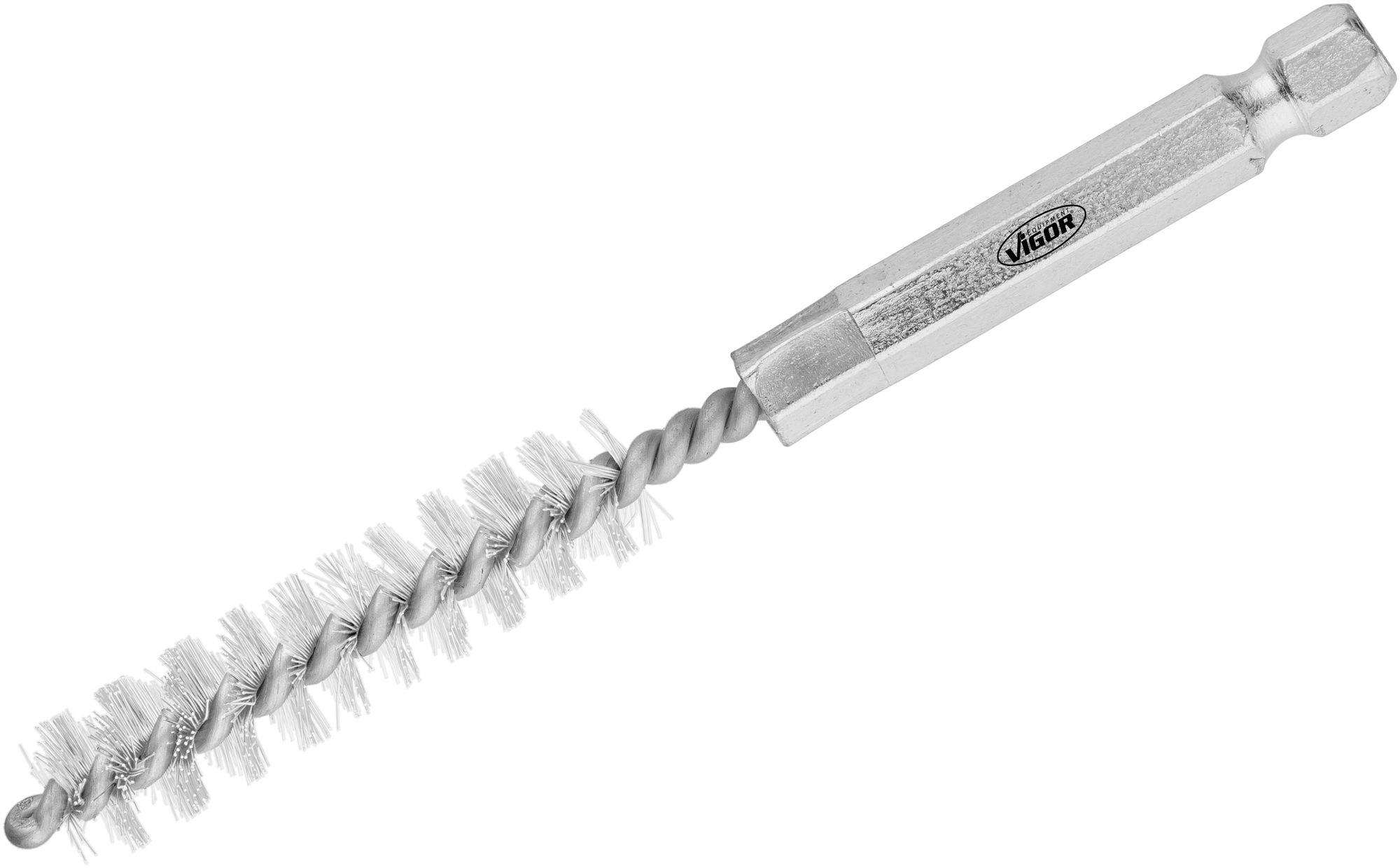 Brosse métallique avec poignée, poils spiralés et extrémité carrée, adaptée au nettoyage des tuyaux et des petites ouvertures.