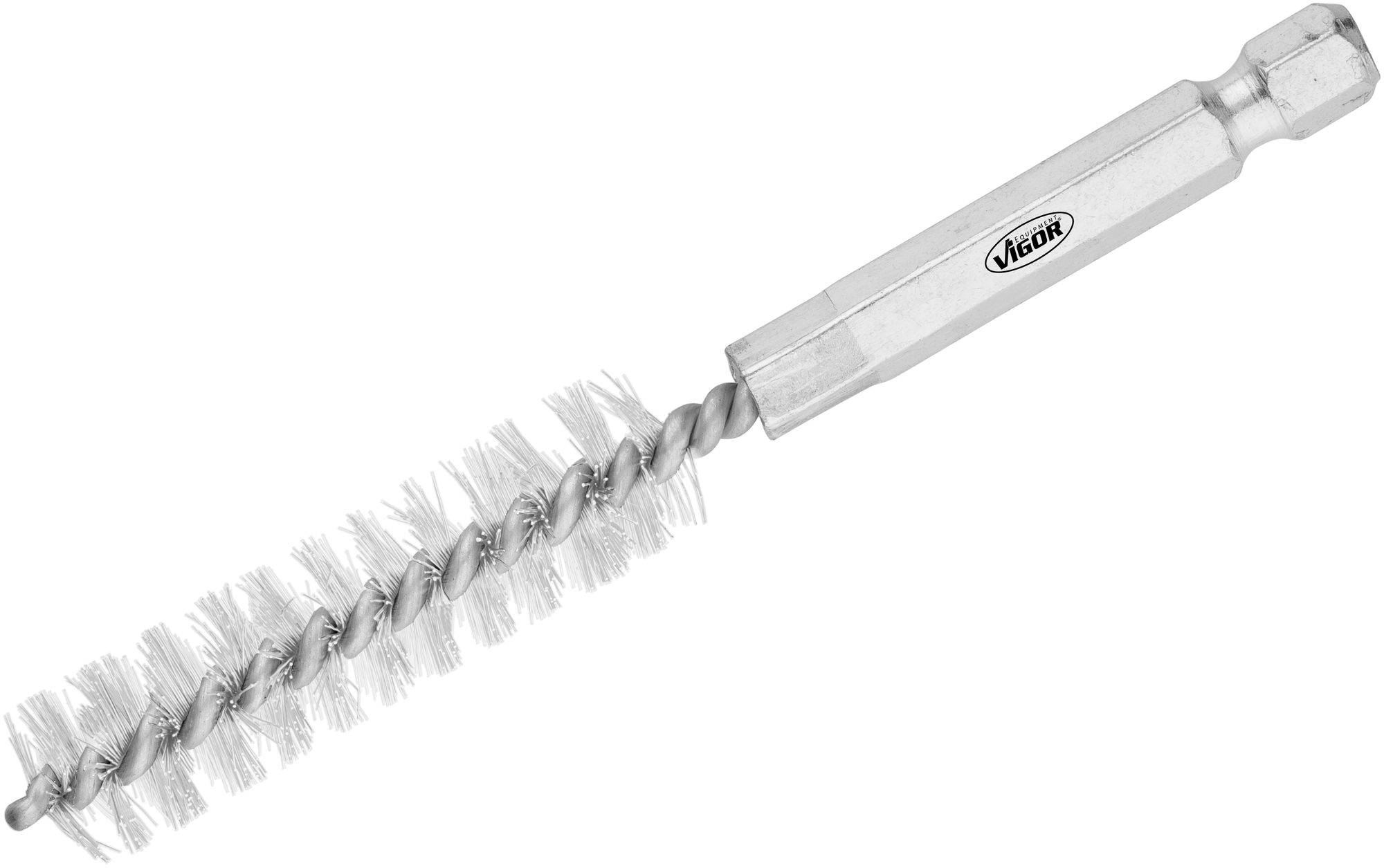 Brosse pour perceuse avec poils métalliques et fil torsadé, adaptée au nettoyage de tuyaux ou d'espaces étroits.