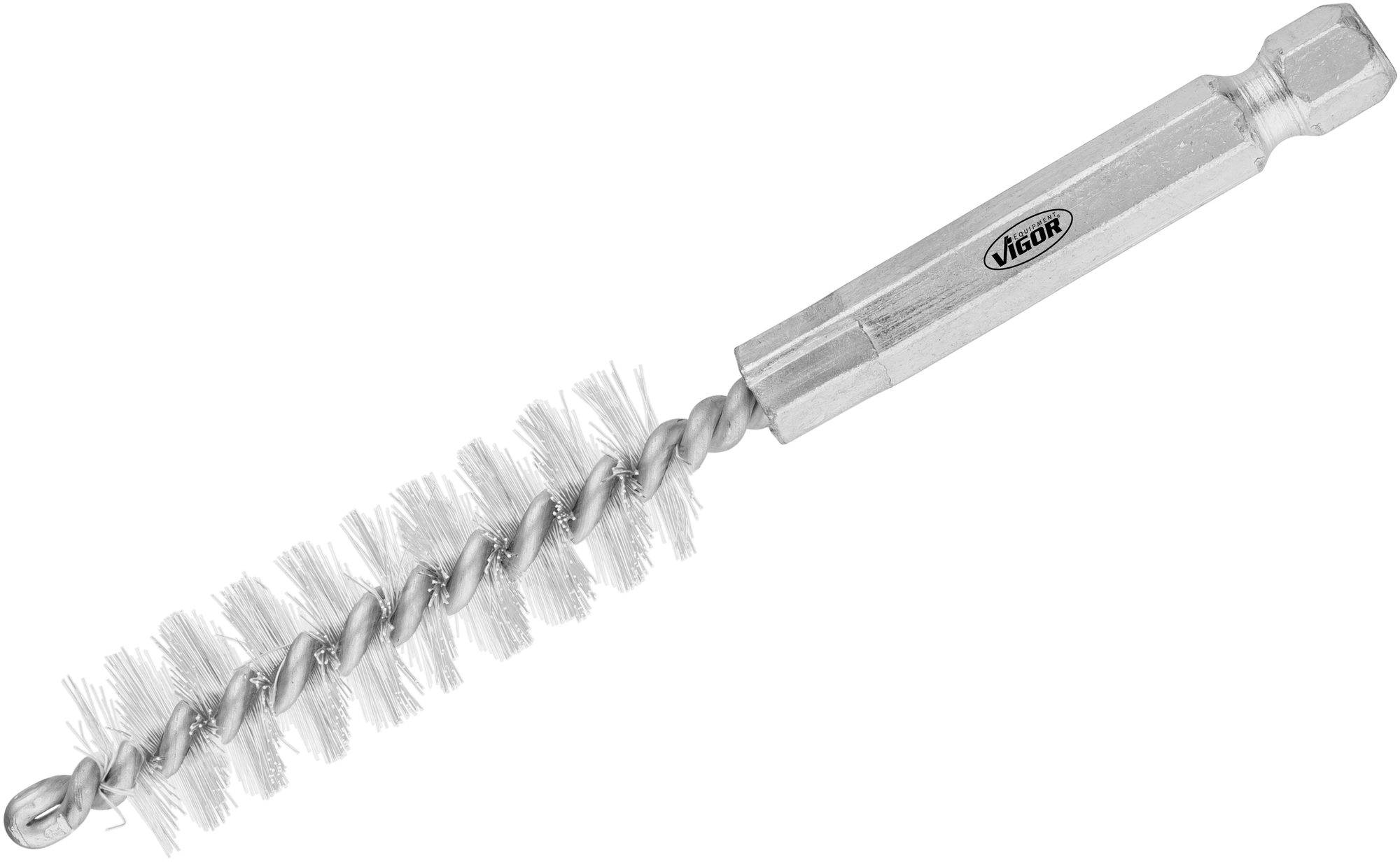 Brosse métallique avec manche en métal torsadé et poils. Adaptée au nettoyage des tuyaux ou des endroits difficiles d'accès.