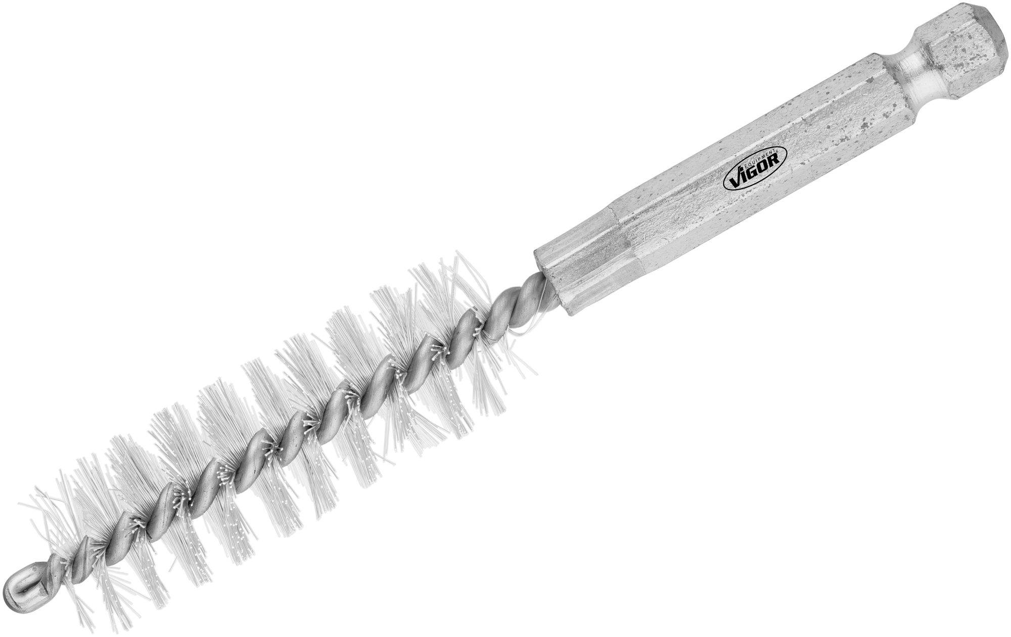 Une brosse métallique à tuyau avec des poils blancs et une poignée structurée, principalement utilisée pour nettoyer des tuyaux ou des espaces étroits.