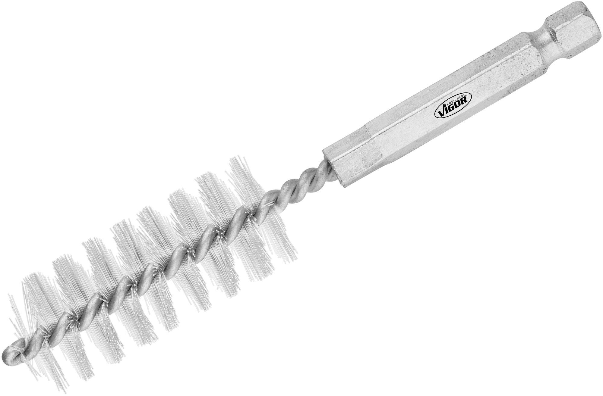Brosse métallique à poils disposés en spirale avec une poignée hexagonale, utilisée pour le nettoyage et la préparation de surface.