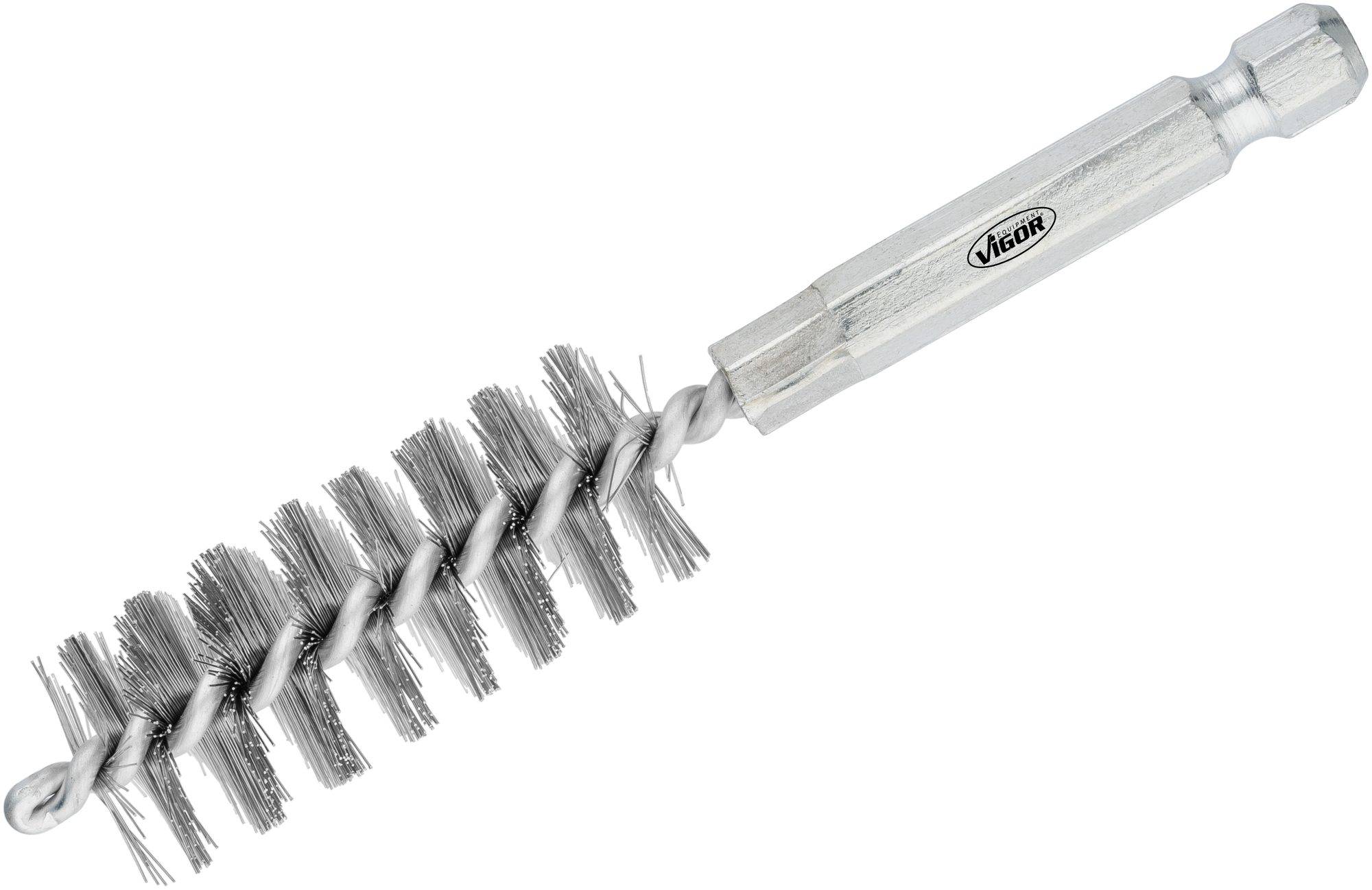 Une brosse métallique avec du fil d'acier torsadé et une poignée, adaptée au nettoyage des tuyaux ou des endroits difficiles d'accès.