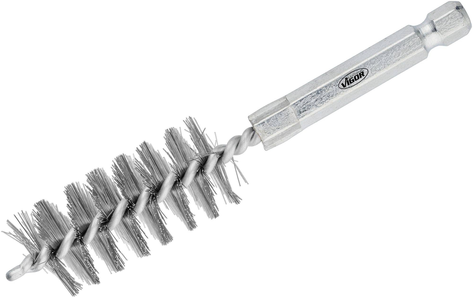 Brosse métallique argentée avec manche long et poils en spirale, adaptée pour le nettoyage de tuyaux ou de pièces mécaniques.