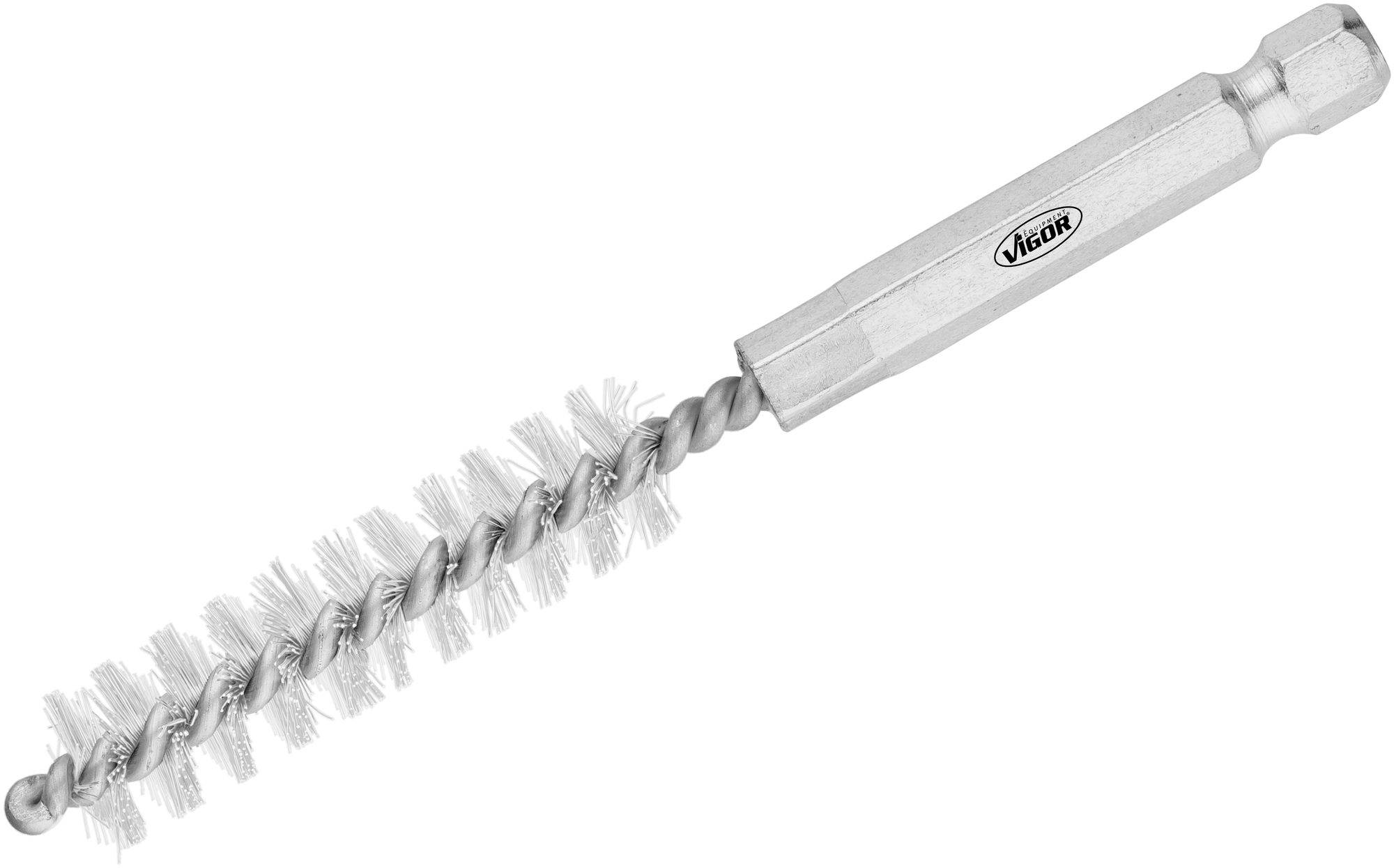 Une brosse métallique avec des poils en spirale et une poignée hexagonale, adaptée aux travaux de nettoyage dans des zones difficiles d'accès.