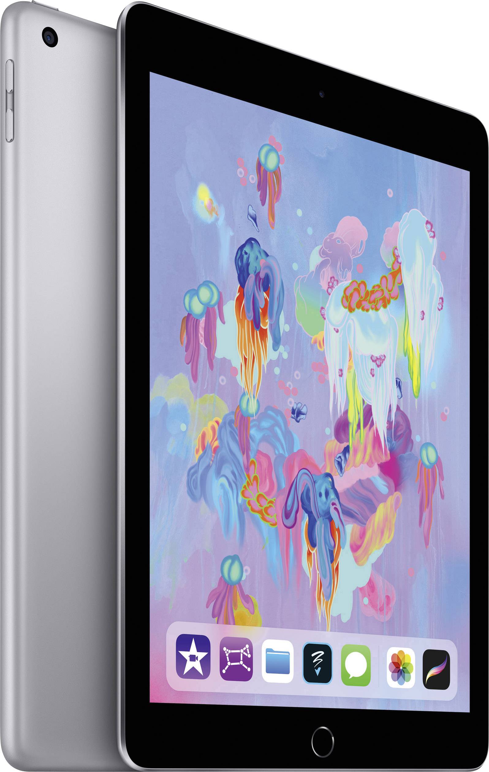 Une tablette affichant un arrière-plan coloré et abstrait sur son écran. Des icônes d'applications sont visibles en bas de l'écran.