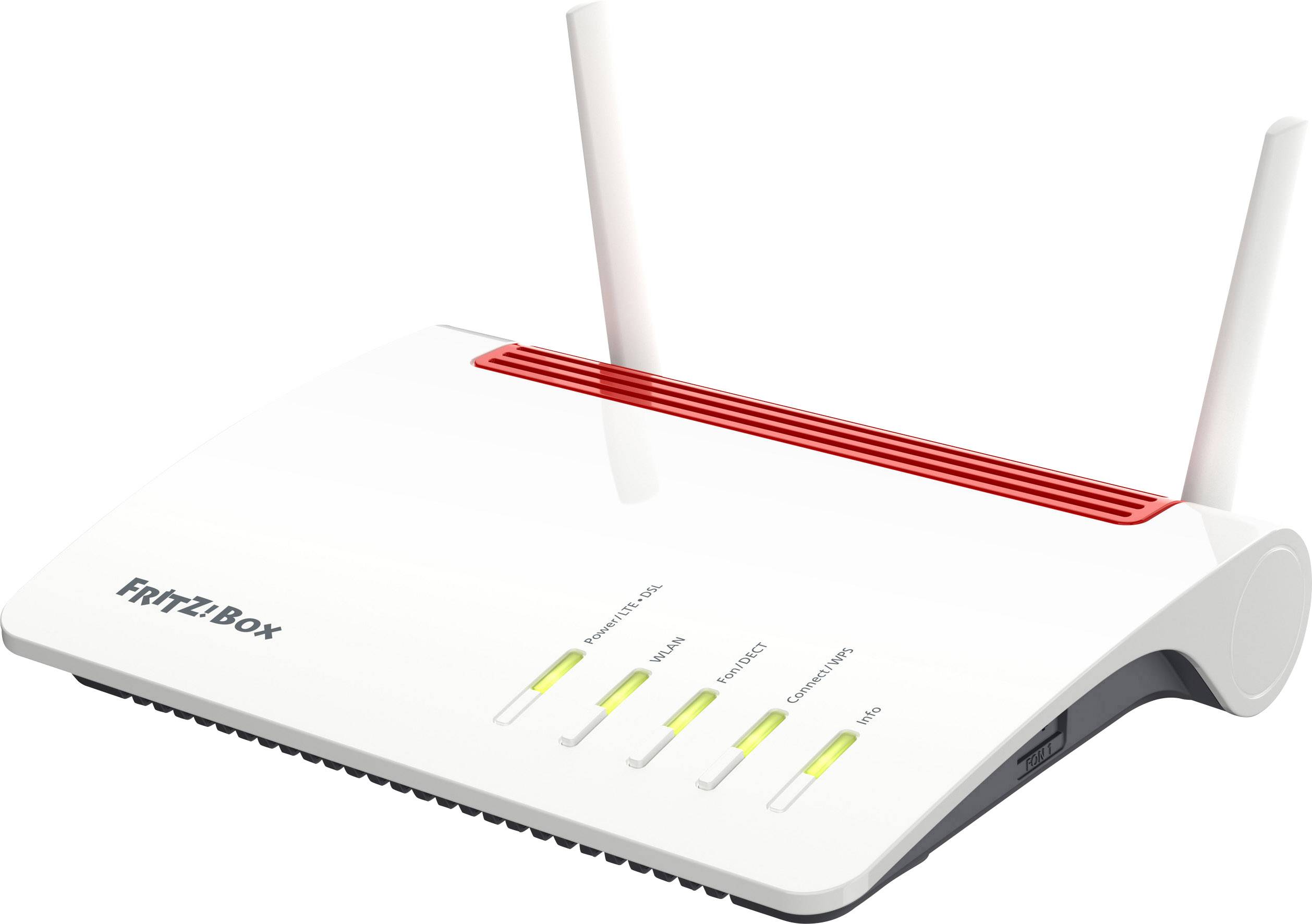 Un routeur Wi-Fi blanc avec deux antennes portant l'inscription 'FRITZ!Box'. Quatre voyants LED indiquent différents états de connexion.