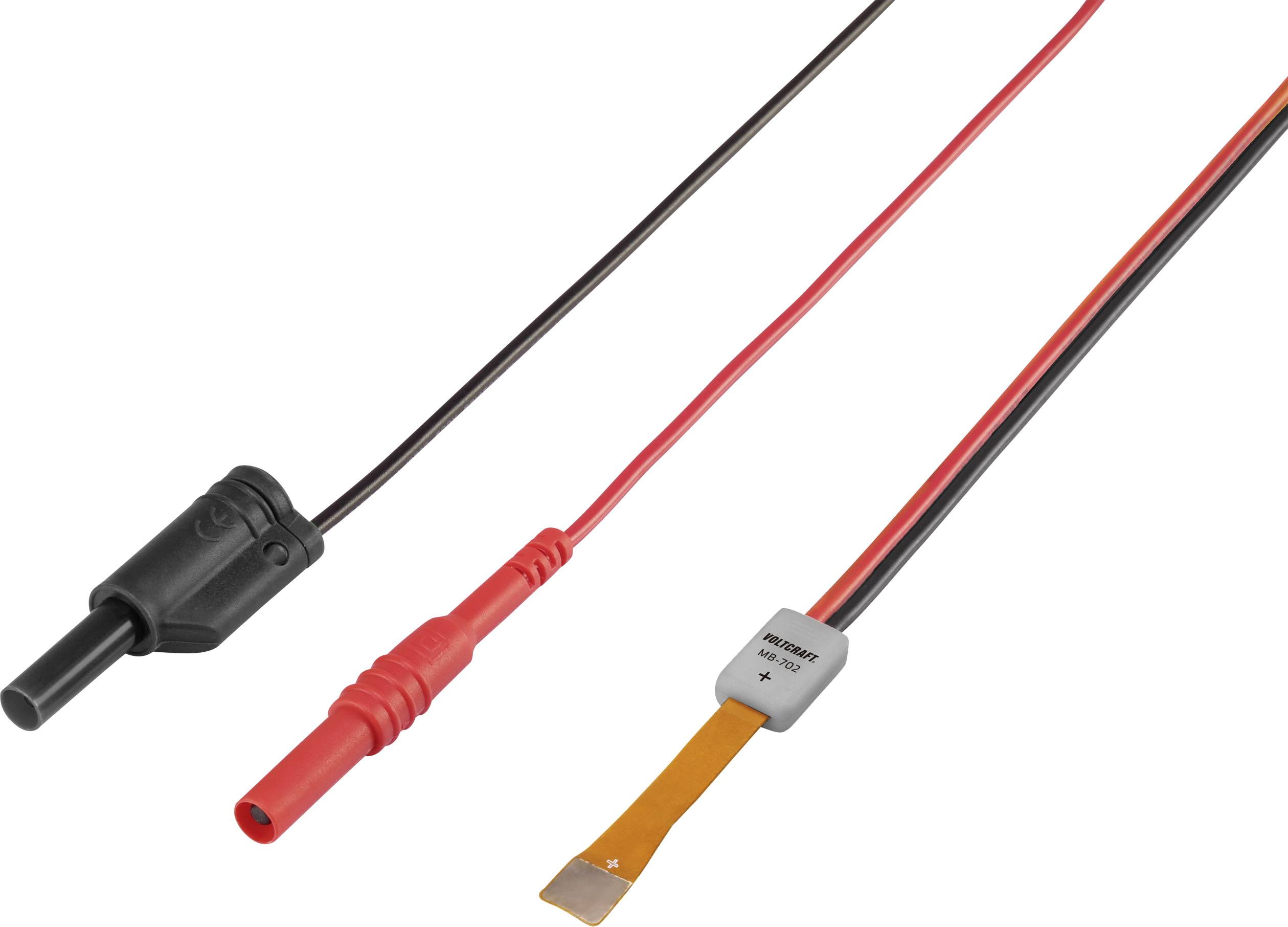 Câble doté de fiches noires et rouges, relié à une bande de capteur plate de couleur orange. Il sert à la mesure ou à la connexion.