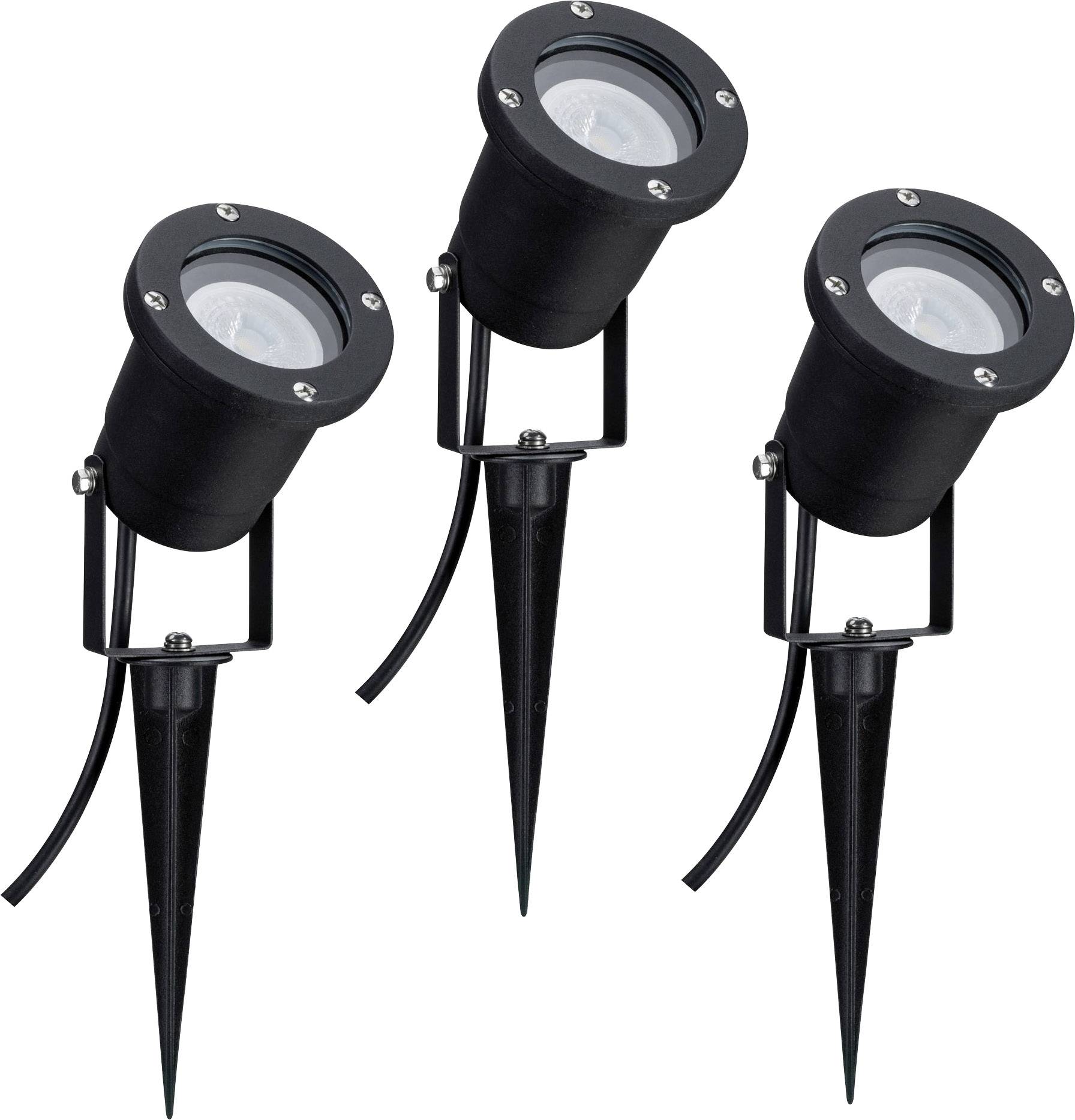 Trois projecteurs LED extérieurs noirs avec piquets de terre, adaptés à l'éclairage de jardin.