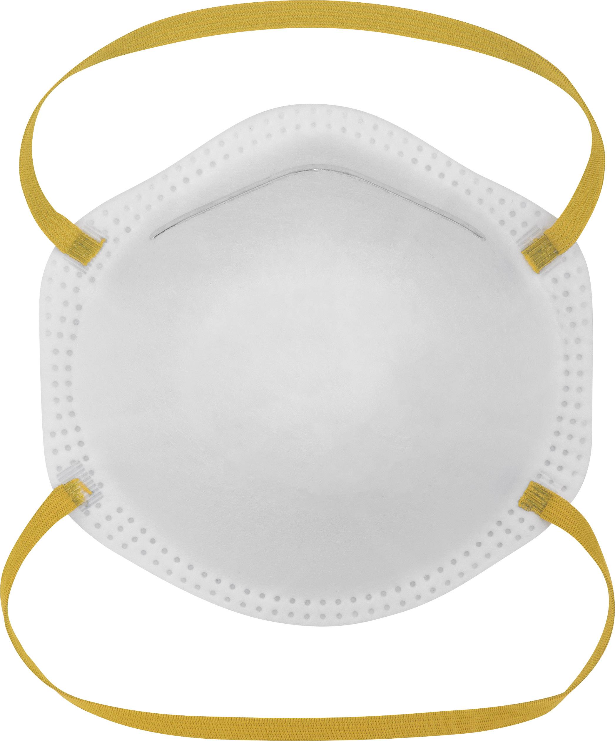 Masque avec des sangles de maintien jaunes, modèle typique pour la protection respiratoire ou la filtration de particules.