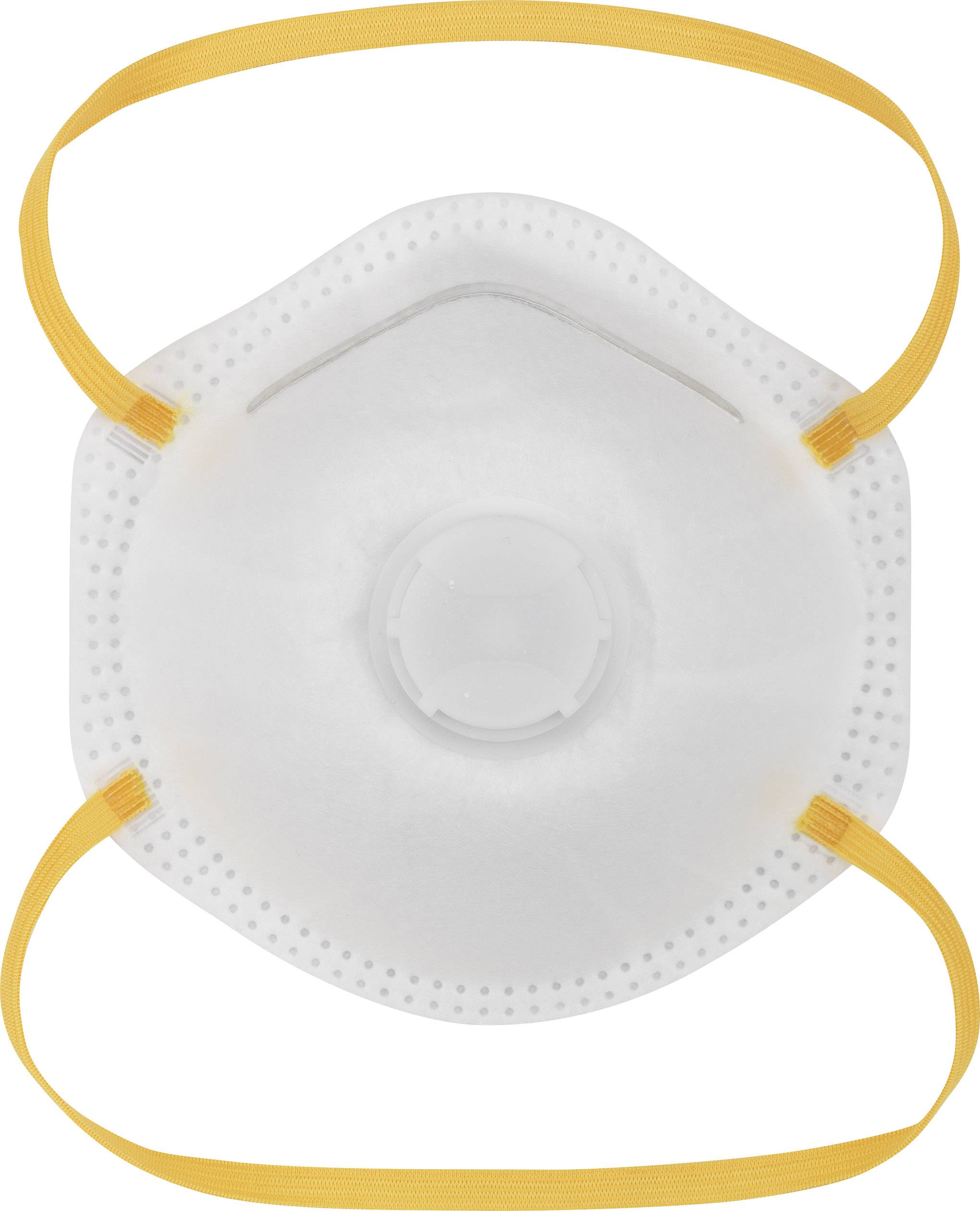 Masque de protection respiratoire blanc avec des bandes élastiques jaunes, protège contre les particules.