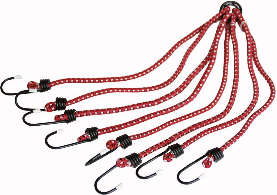 Sept élastiques rouges avec des crochets noirs sont disposés côte à côte en éventail.