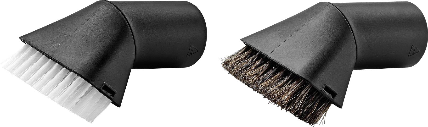 Deux embouts d'aspirateur noirs et inclinés : à gauche avec des poils en plastique blancs, à droite avec des poils naturels bruns, pour différents types de nettoyage de surfaces.