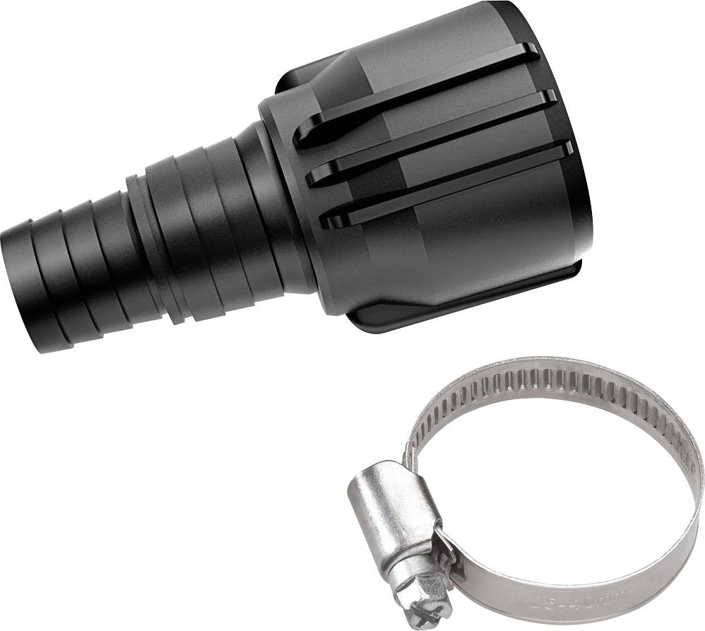 Un embout de tuyau noir et un collier de serrage en argent, utilisés pour connecter des tuyaux, sont posés côte à côte.