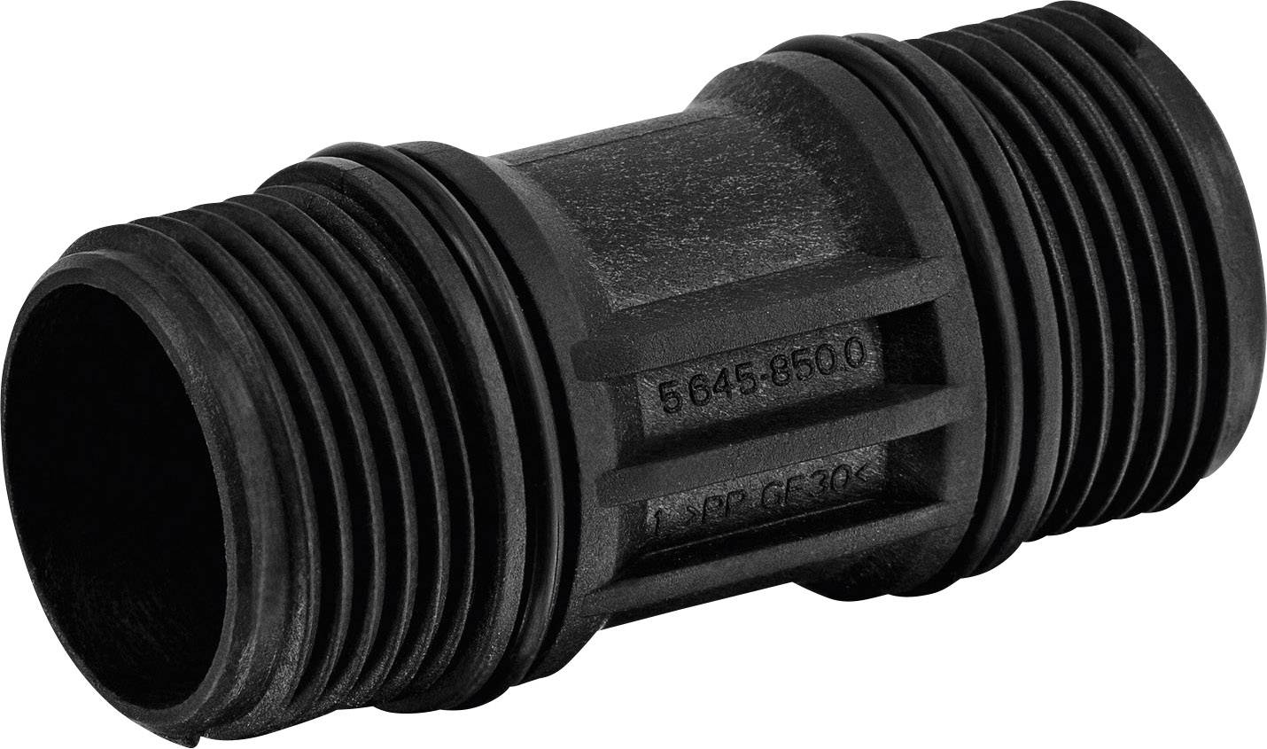 Connecteur de tuyau en plastique noir avec filetages externes des deux côtés, adapté pour raccorder des tuyaux dans les systèmes d'irrigation de jardin.