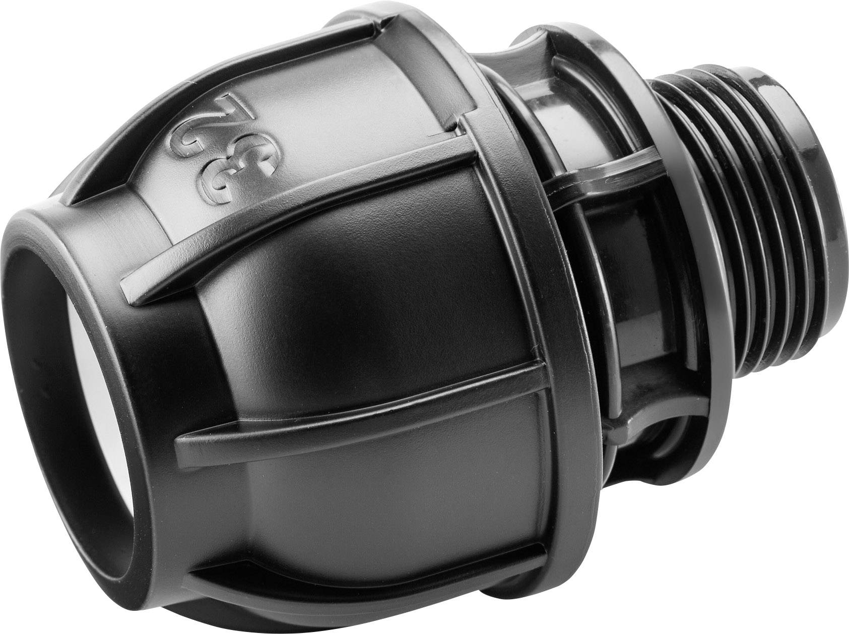 Raccord de câble en plastique noir fileté, utilisé pour l'installation ou la protection de câbles dans des applications électriques.