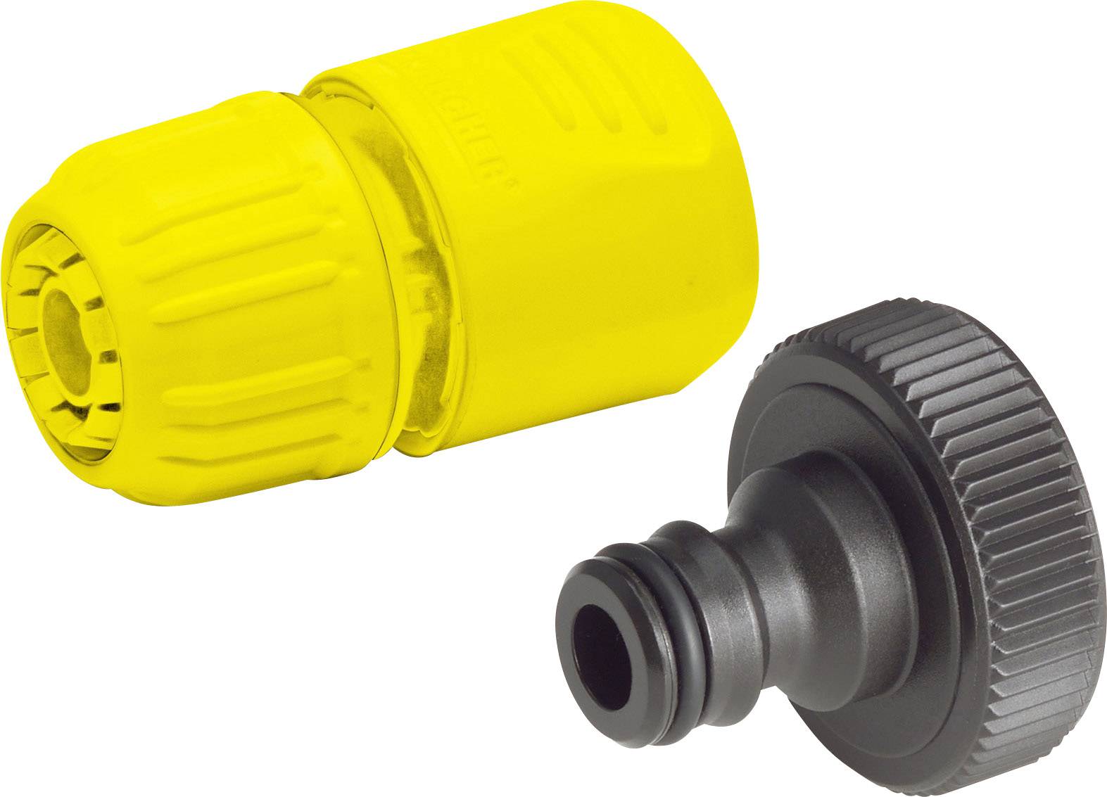 Un raccord de tuyau de jardin jaune à côté d'un raccord rapide noir. Adapté pour la connexion aux tuyaux d'arrosage.