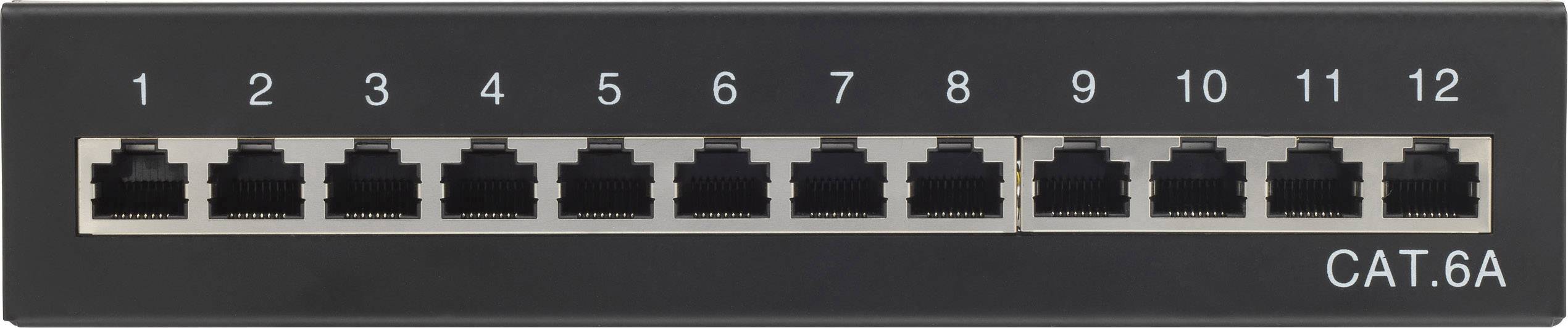 Panneau de brassage Gigabit à 12 ports avec connexions numérotées de 1 à 12, compatible avec les câbles CAT.6A, utilisé pour la connectivité réseau.