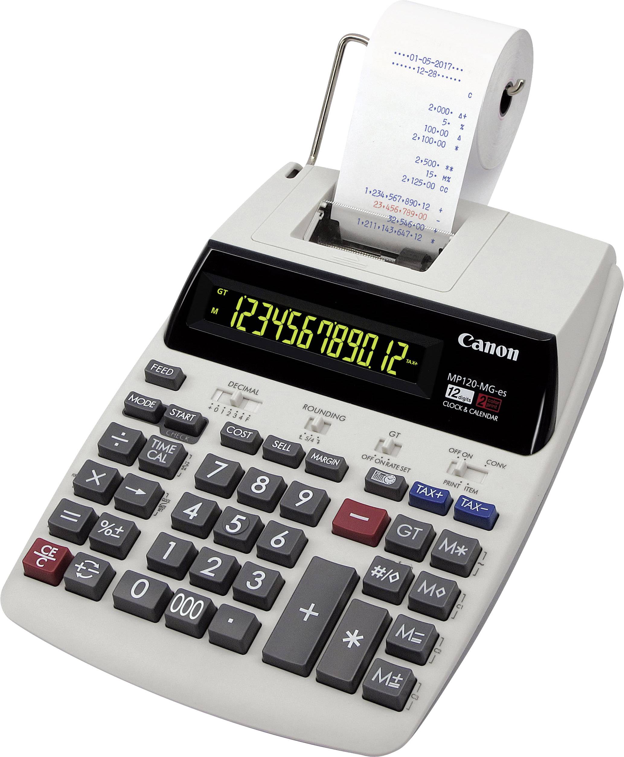 Calculatrice électronique de bureau avec fonction d'impression, affichant la séquence de chiffres '1234567890' sur l'écran. Le rouleau de papier imprime les résultats des calculs.