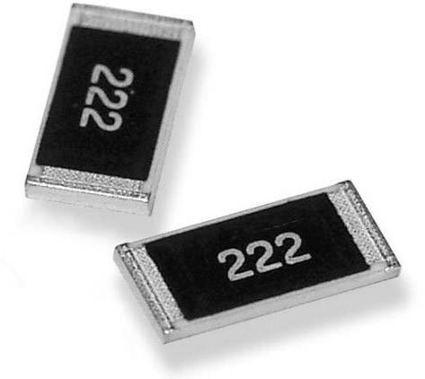 Deux résistances CMS, chacune portant la mention '222', indiquant une résistance de 2,2 kΩ. Elles sont rectangulaires et noires.