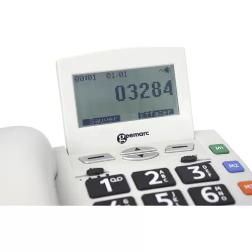 Geemarc SERENTIES Téléphone filaire pour séniors avec émetteur d'appel d'urgence écran éclairé blanc Geemarc SERENTIES Téléphone filaire pour séniors avec émetteur d'appel d'urgence écran éclairé blanc