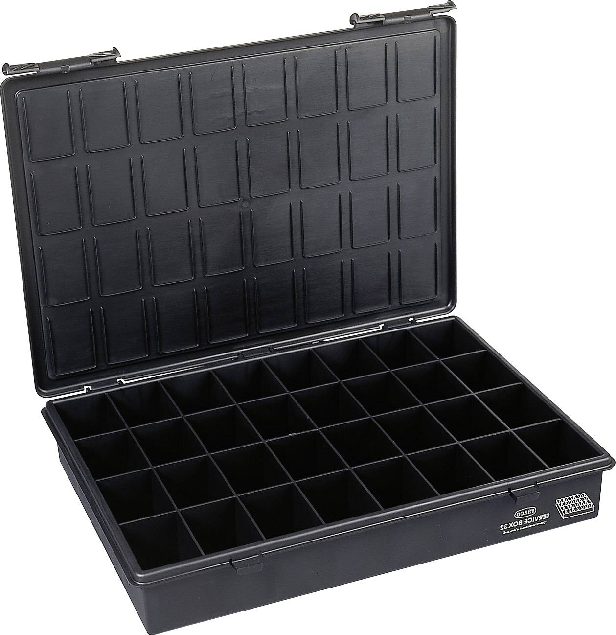 Boîte de rangement en plastique noir avec couvercle ouvert, présentant 36 compartiments pour un rangement organisé des petits objets.