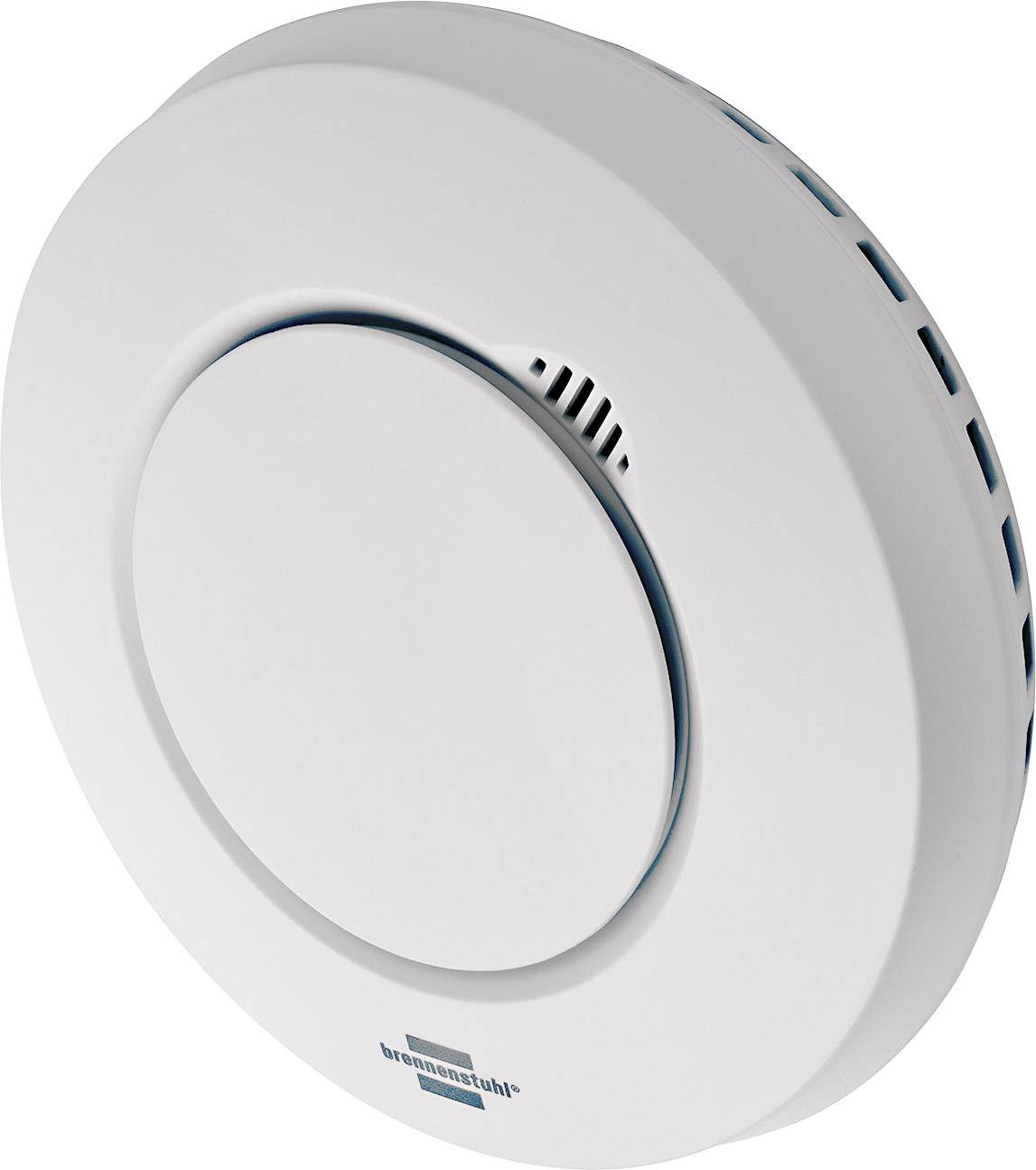 Détecteur de fumée blanc avec des fentes de ventilation latérales et un bouton central sur la face avant.